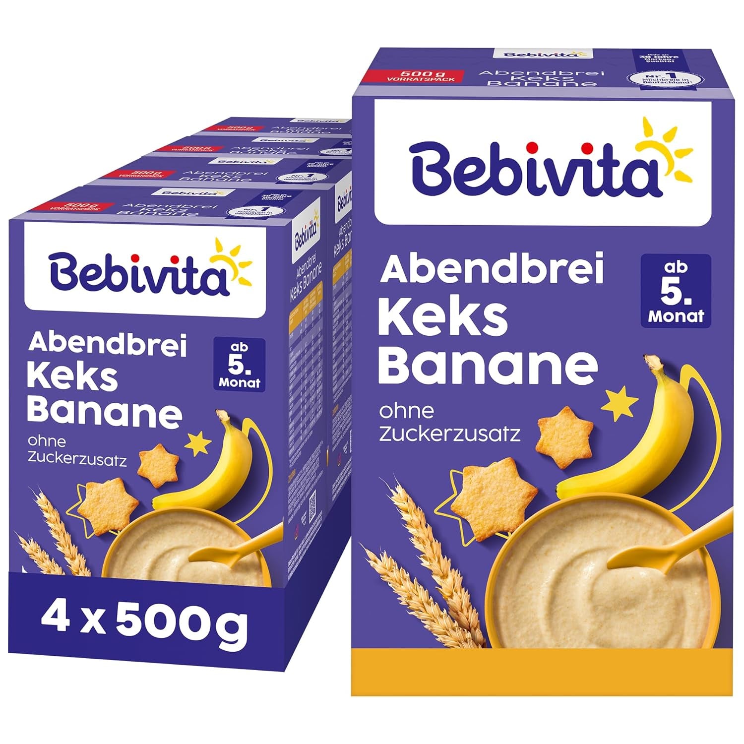 Wieczorna owsianka z ciastkami i bananami (4x500g), kaszka mleczna od 5 miesiąca, bez dodatku cukru, z cennymi minerałami i witaminami, bardzo sycąca