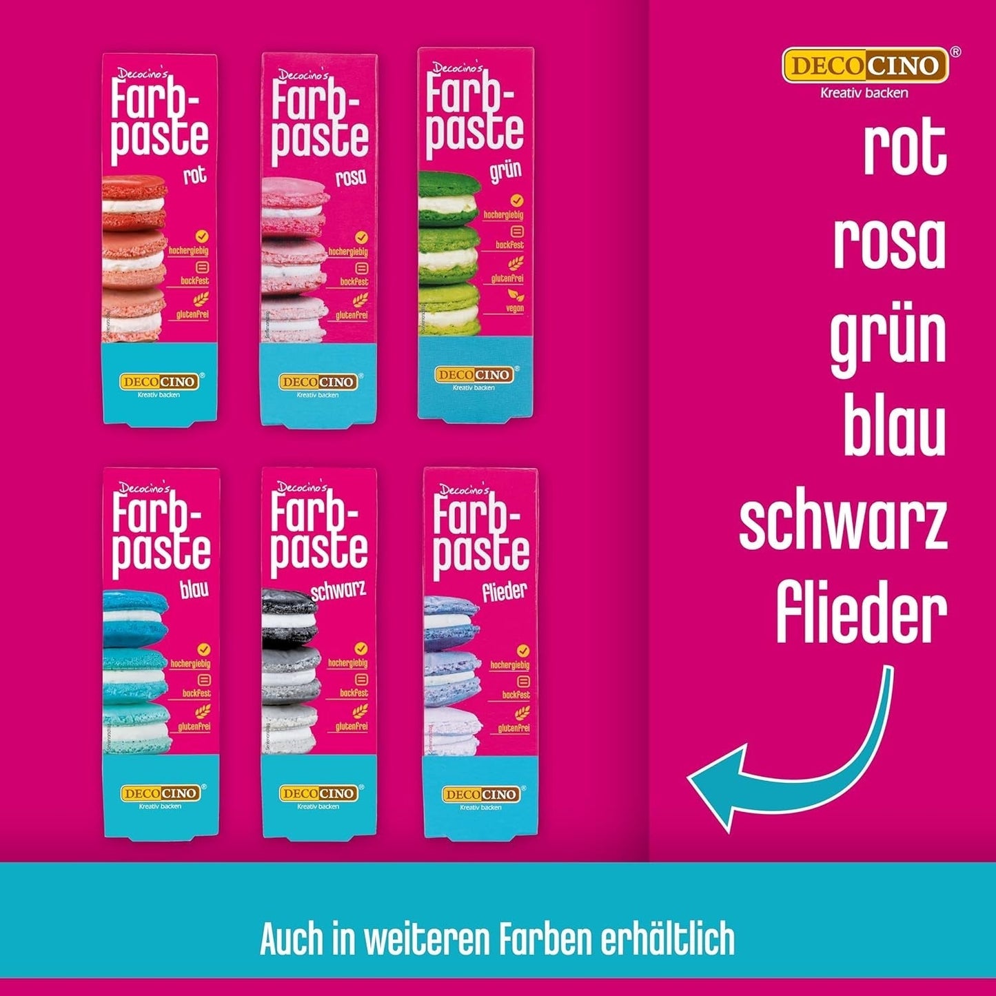 Zestaw 6 past kolorowych Decocino - 6 x 20 g - Barwniki spożywcze w kolorze czerwonym, różowym, zielonym, żółtym, niebieskim i czarnym, idealne do barwienia ciast, fondantów i kremów - Bez azo i bez glutenu