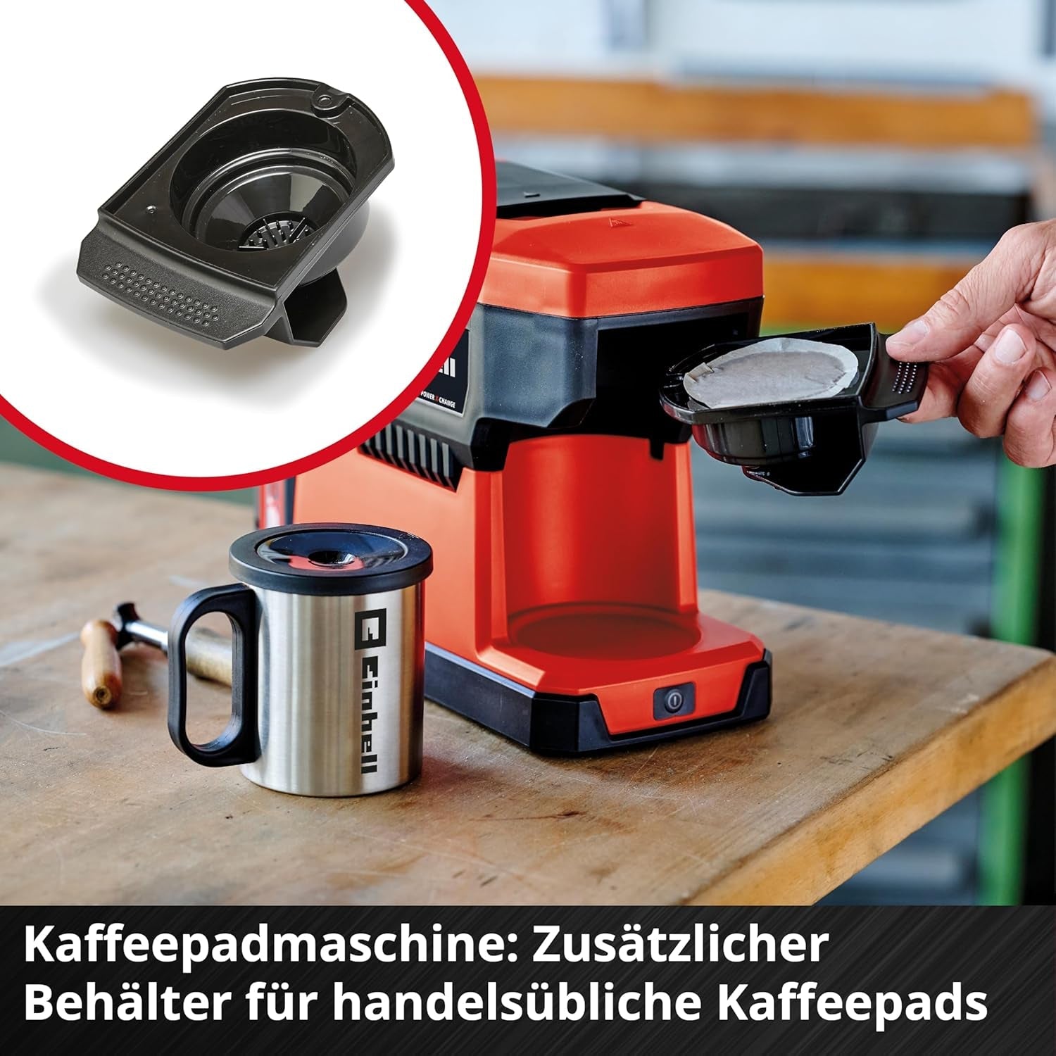 Bezprzewodowy ekspres do kawy Einhell TE-CF 18 Li-Solo Power X-Change (18 V, zbiornik na wodę 240 ml, na kawę filtrowaną i kapsułki z kawą, uchwyt do przenoszenia, w komplecie filiżanka z pokrywką, bez akumulatora)