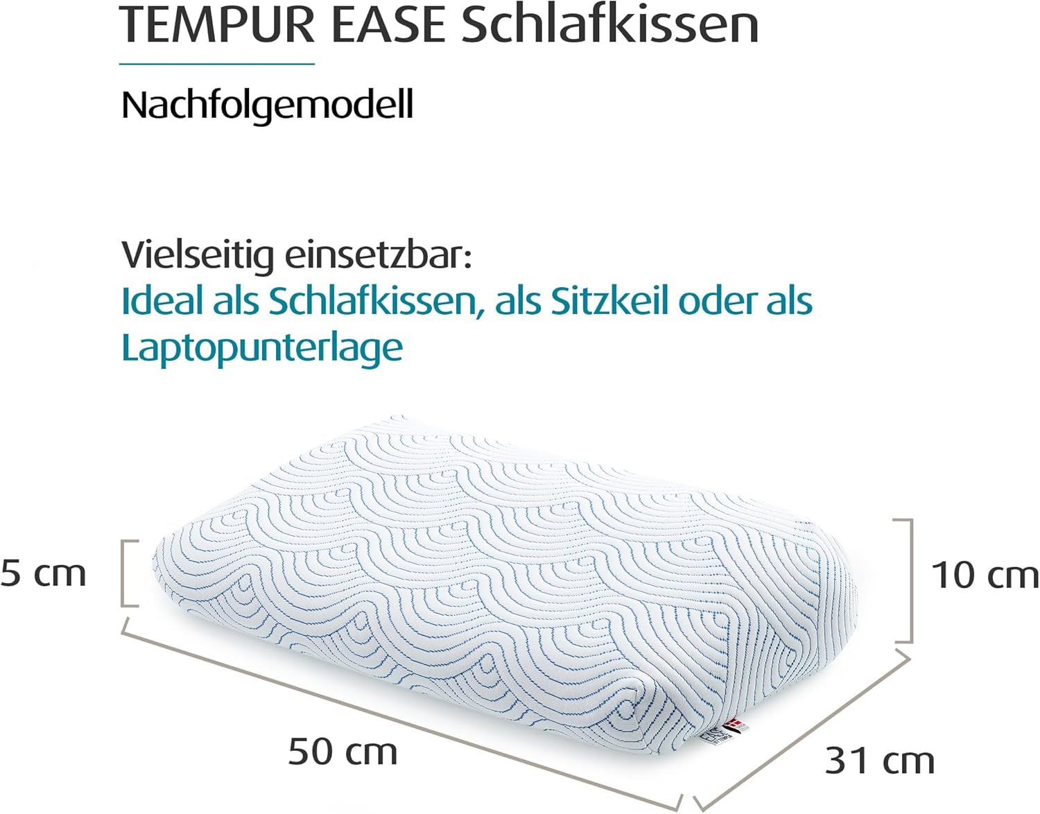 Poduszka do spania z pianki memory TEMPUR EASE, ergonomiczna poduszka podtrzymująca szyję w dowolnej pozycji do spania, mocne podparcie, 50 x 31 x 10/5 cm, białe poduszki standardowe Naty Shop