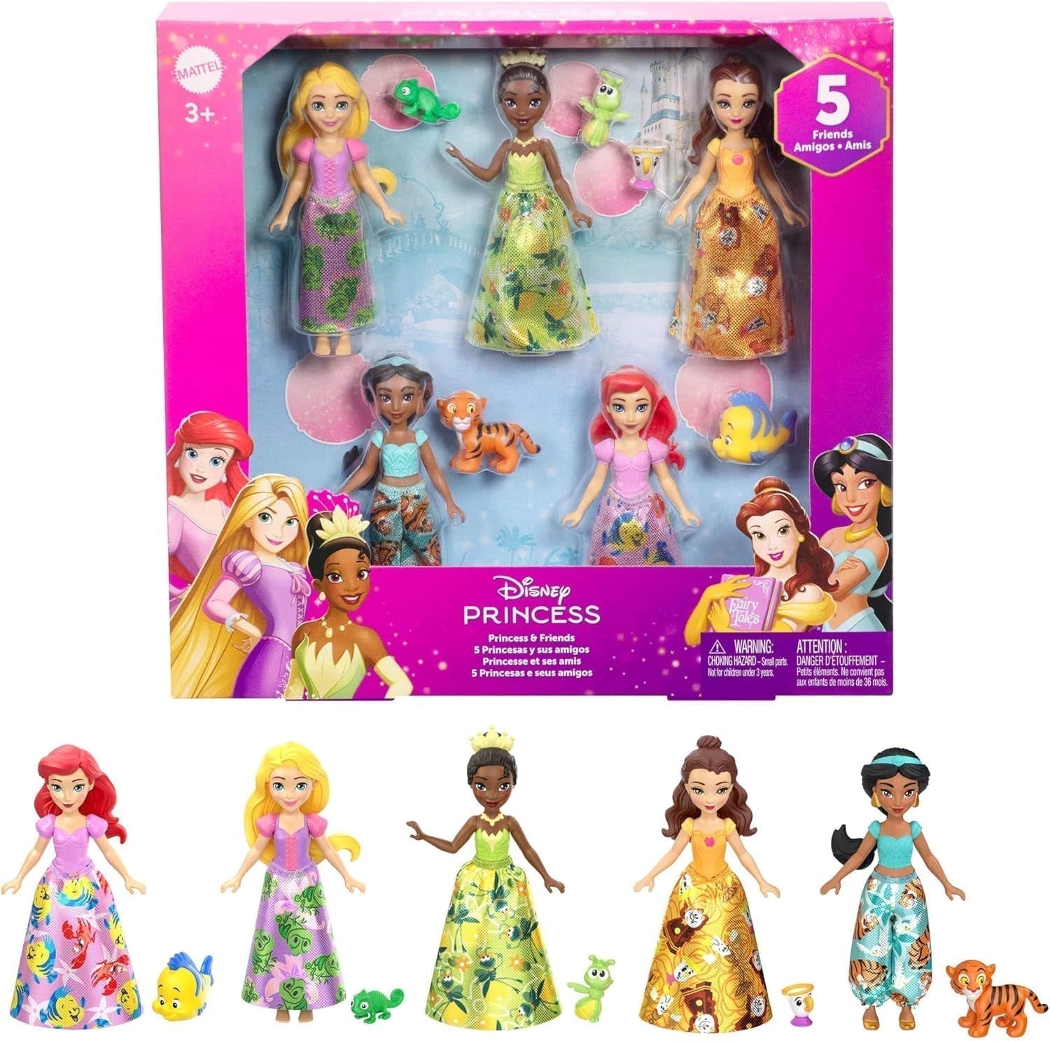 Mattel Disney Princess Zestaw do przekształcenia Powóz do zamku z małą lalką Aurora, 3 poziomy, 6 obszarów do zabawy, 4 figurki, meble i akcesoria Lalki HWX17 Zestaw przyjaciół Naty Shop