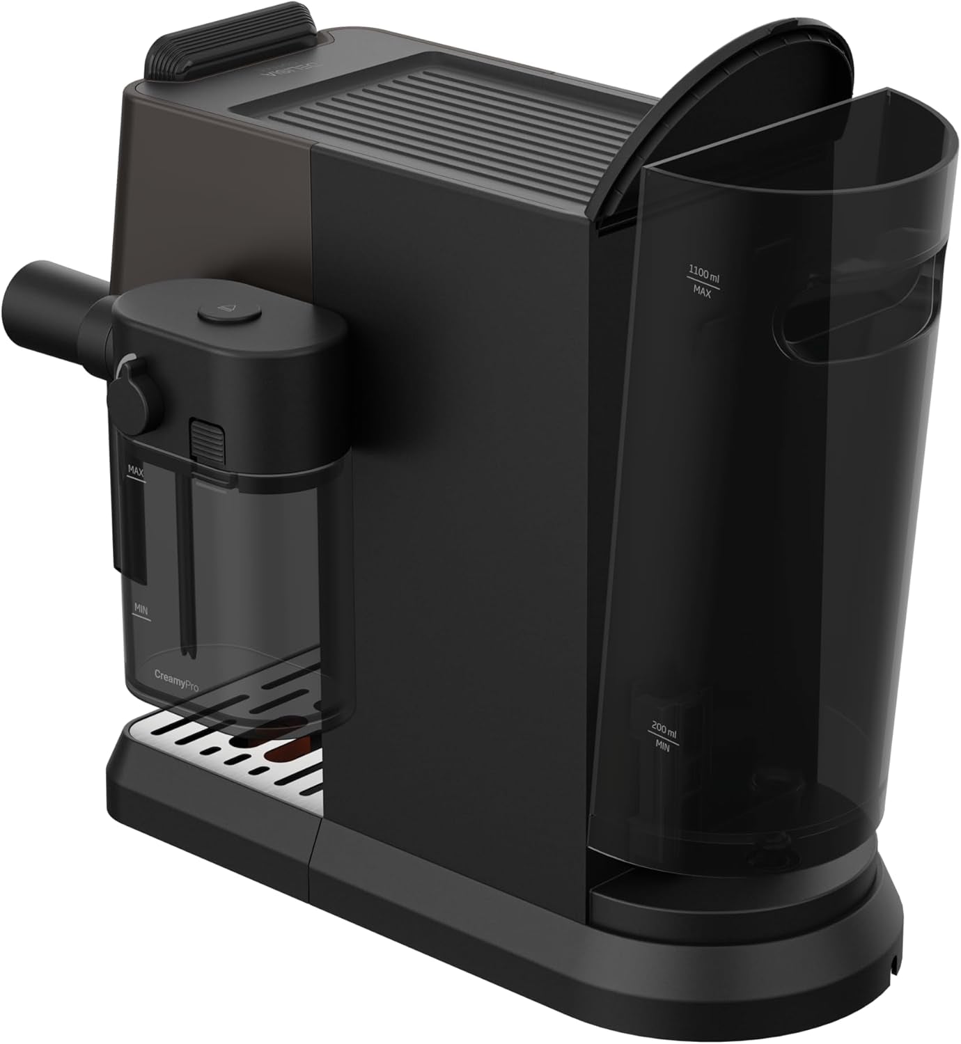 Ekspres do kawy z kolbą GRUNDIG KSM 5330 ze zintegrowanym pojemnikiem na mleko, moc 1628 W, ciśnienie pompy 15 bar, podwójna dysza, kolorowy wyświetlacz dotykowy, BrewSense, CreamyPro, Ciemna stal nierdzewna/Czarny
