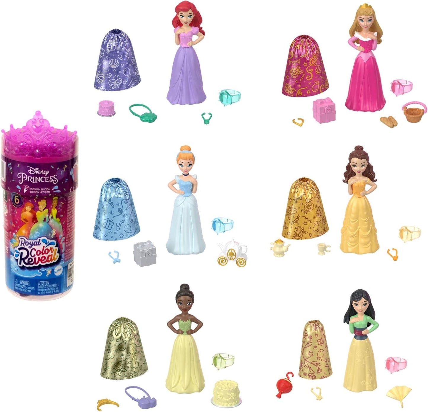 Prezentacja kolorów księżniczki Disneya - 6 lalek-niespodzianek aktywowanych wodą, akcesoria, dla dzieci w wieku 3+, Ariel, Tiana, Mulan, Kopciuszek, Bella, Aurora, HPX39