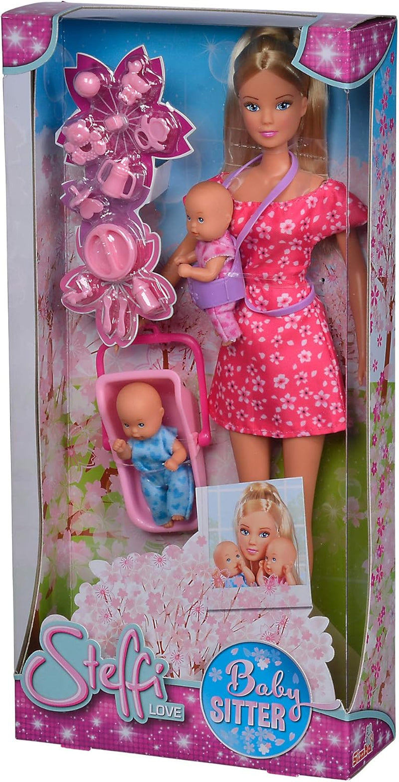 Simba 105730211 - Steffi Love Niania z dwójką dzieci, nosidełkiem i fotelikiem samochodowym, akcesoriami, lalką do przebierania, 29 cm, dla dzieci od 3 lat