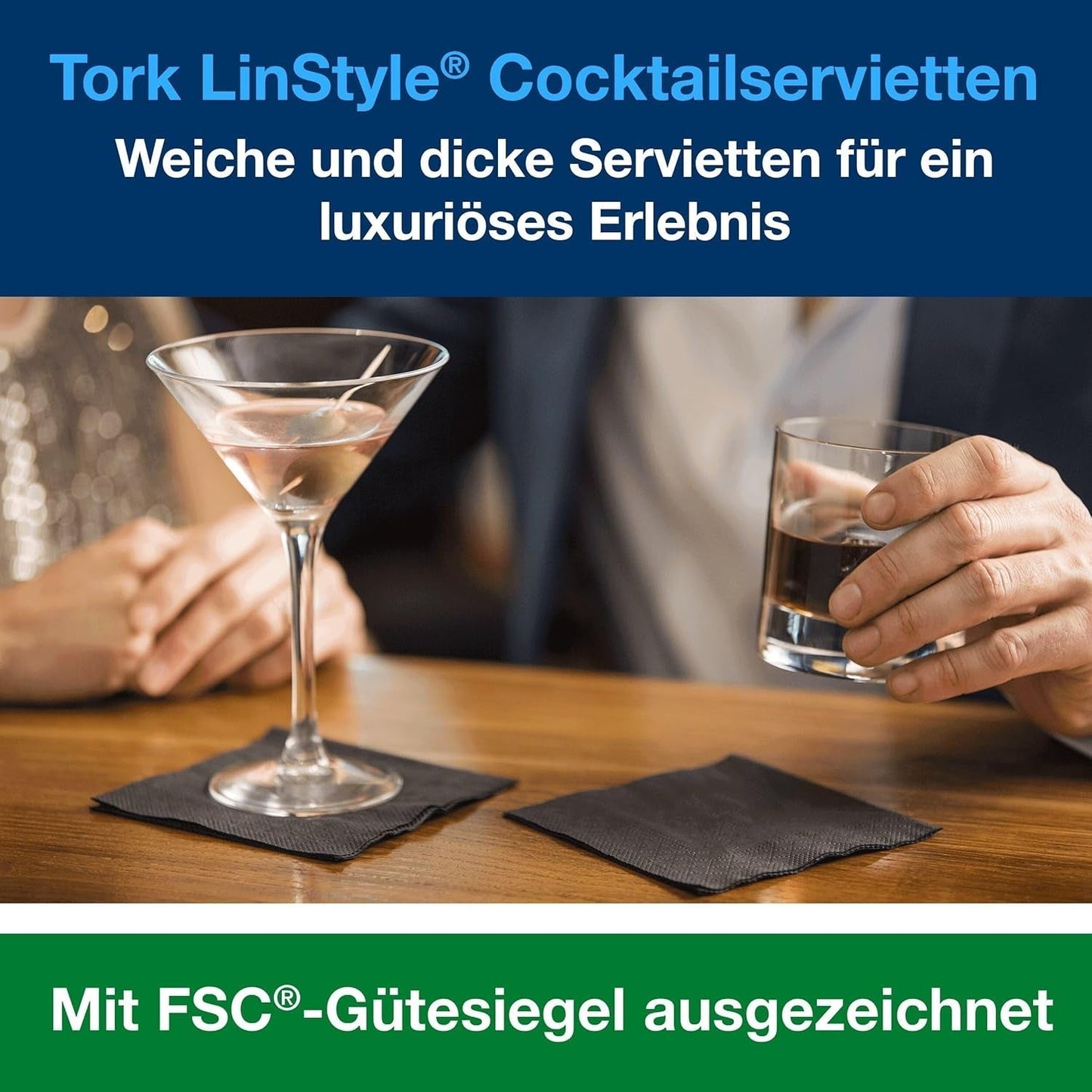Tork Linstyle 509542 Czarne serwetki koktajlowe, składane w 1/4, 1 warstwa, 23,8 x 23,8 cm, 1 x 100 serwetek
