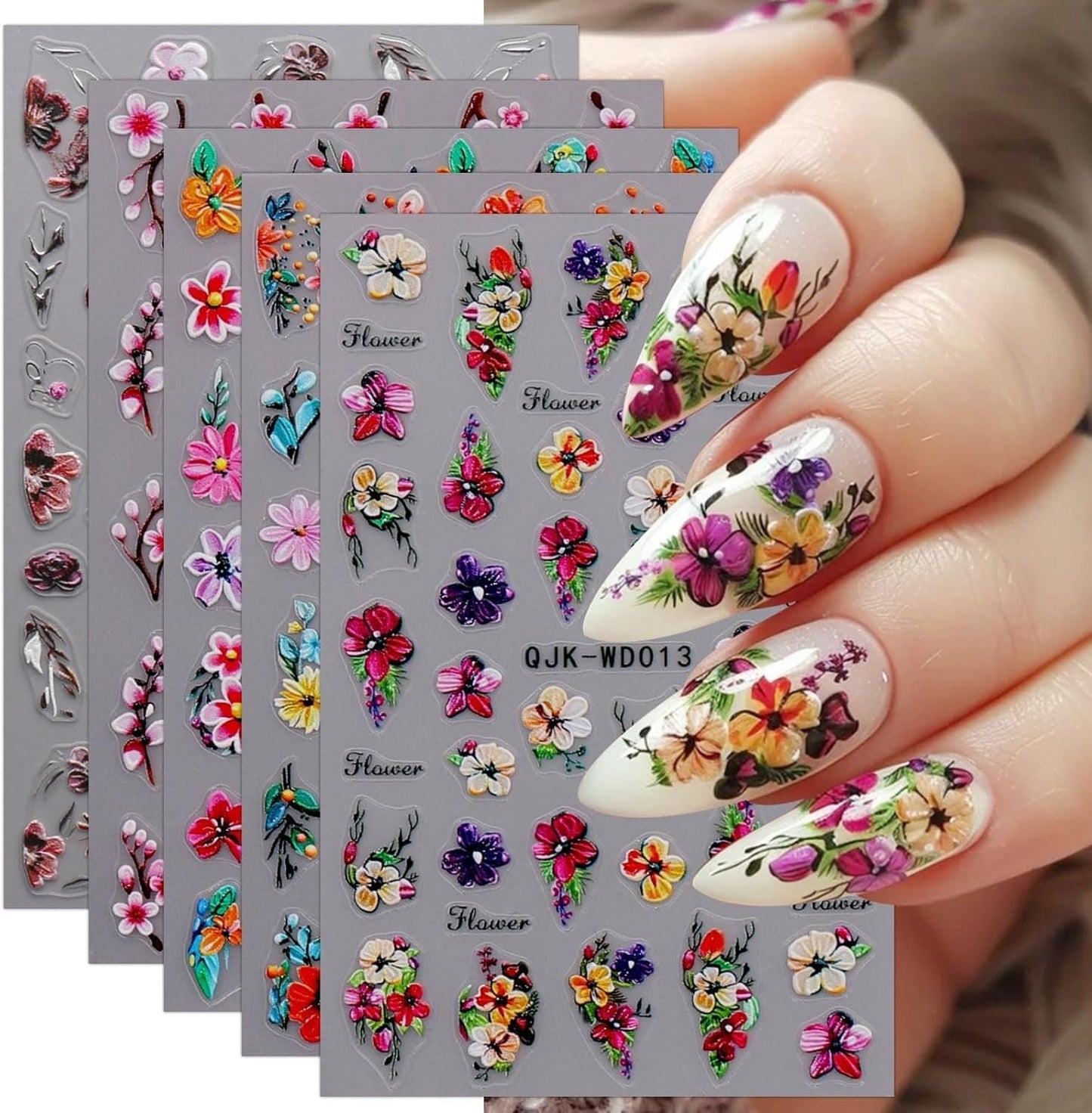 JMEOWIO Nagelsticker Blumen 6 Blatt Nail Art Naklejka Selbstklebend Nagelaufkleber Sommer Blumen Dekoration Nageldesign Zubehör