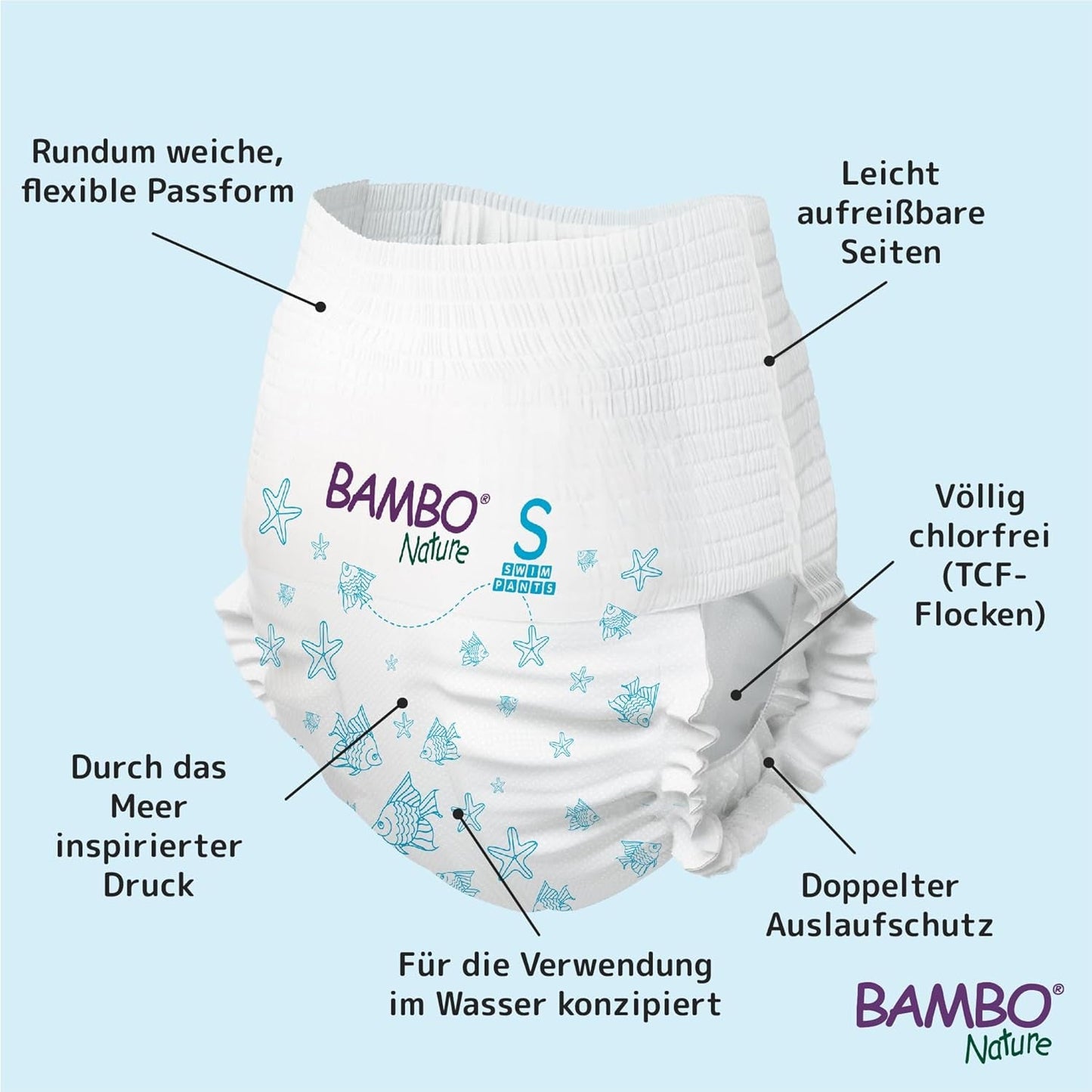 Pieluszki do pływania dla niemowląt Bambo Nature, rozmiar S (7-12kg), 12 pieluszek | Jednorazowe pieluchy do pływania Secure Fit | Wodoodporny komfort podczas zabaw w wodzie