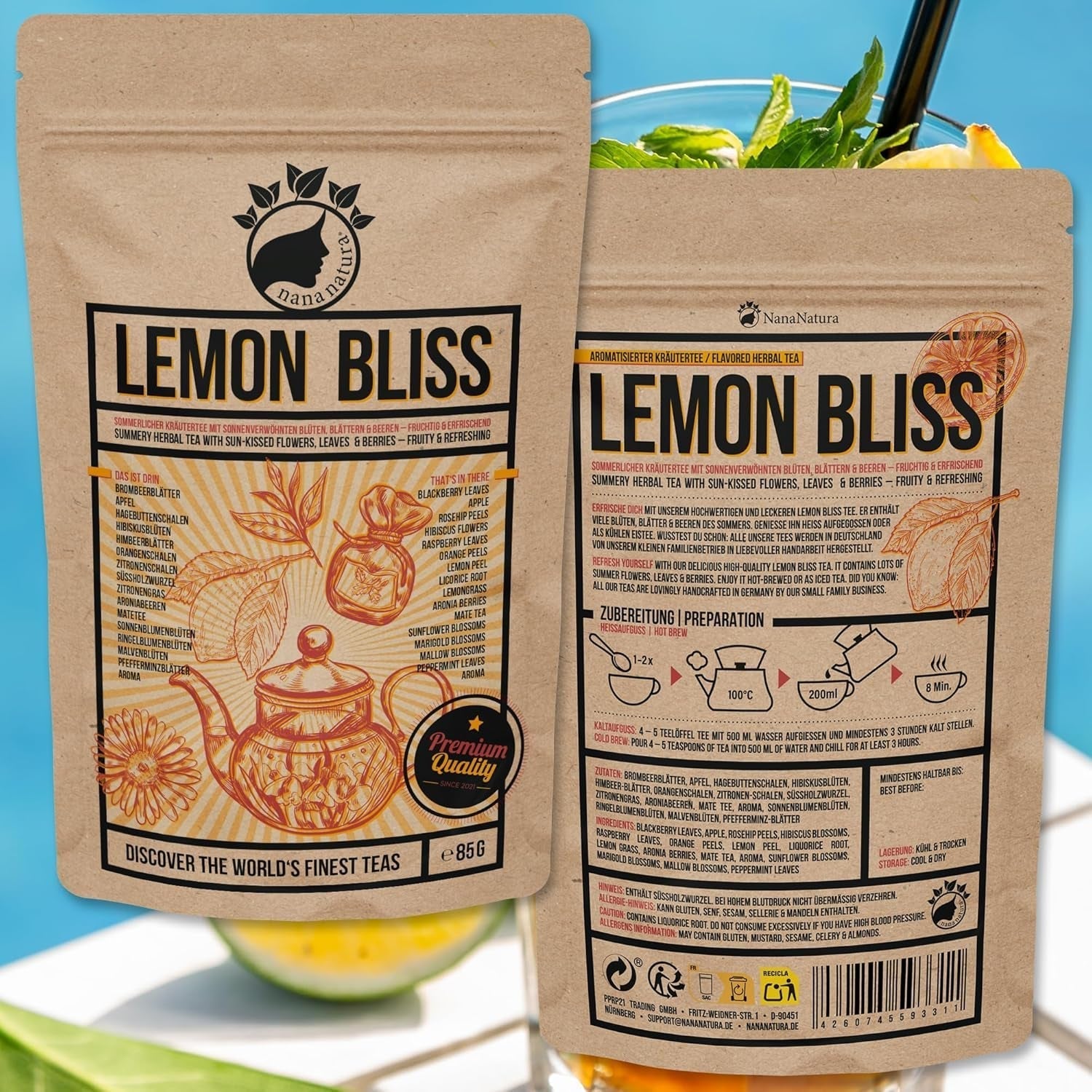 Oryginalna HERBATA CYTRYNOWA BLISS 85G firmy Nananatura | Owocowa i orzeźwiająca letnia herbata ziołowa | Jako herbata zimna, herbata mrożona lub klasycznie gorąca | Z kwiatami, liśćmi i dojrzewającymi w słońcu jagodami | Bez cukru