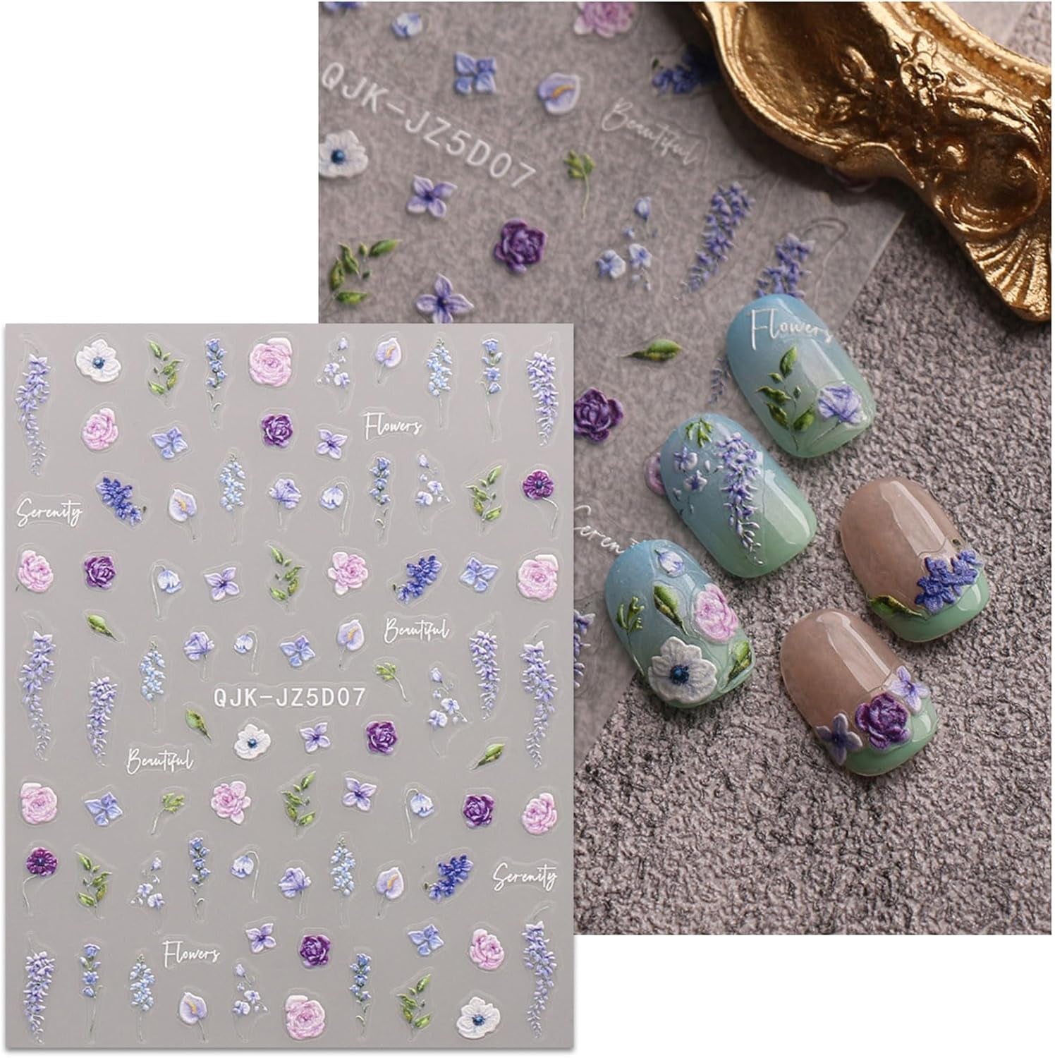 JMEOWIO 3D Nagelsticker Blumen Nail Art Naklejka Selbstklebend Nagelaufkleber 5D Stereoskopisch Frühling Sommer Blumen Dekoration Nageldesign Zubehör 4 Blatt