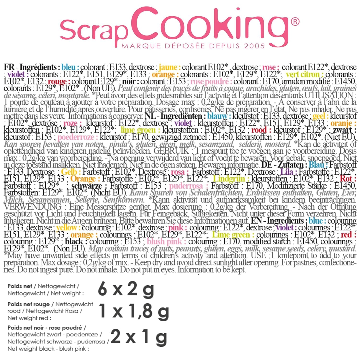 Scrapcooking - Zestaw 9 barwników spożywczych w proszku - Niebieski, Żółty, Różowy, Fioletowy, Pomarańczowy, Limonkowy, Czerwony, Pudrowy róż, Czarny - Jadalny proszek barwiący do ciast, babeczek, makaroników - 4270