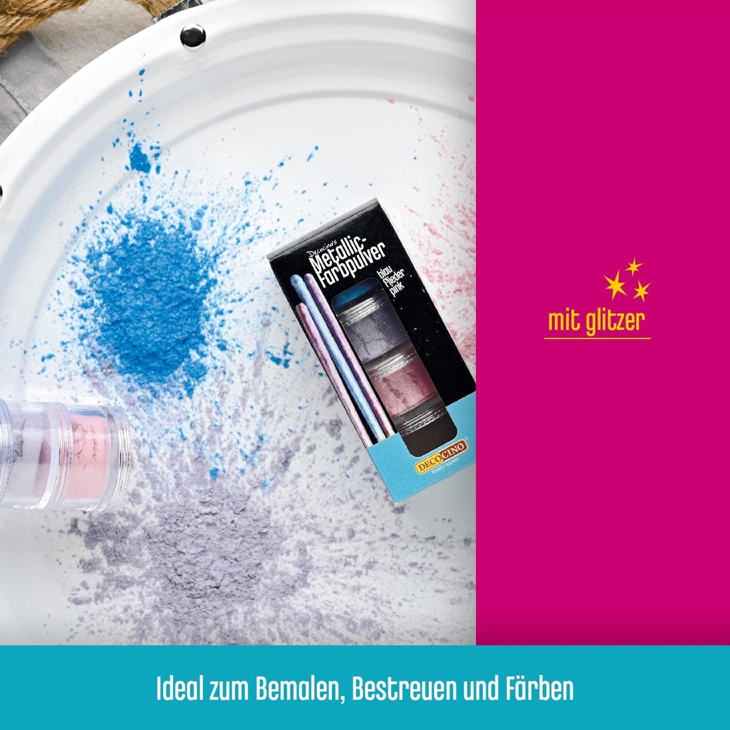 DECOCINO Metallic Pastel Coloring Powder (3X2G) – Niebieski, Liliowy i Różowy – Barwnik spożywczy w proszku – Brokatowy Proszek Nadaje się do kremów i dekoracji ciast!