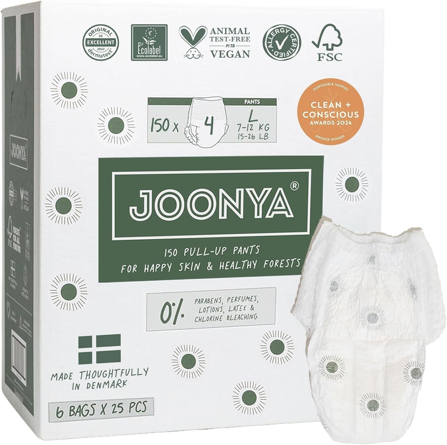 Pieluchy push-up rozmiar 4 L (7-12 kg) - 1 worek po 25 sztuk - Nie zawiera substancji szkodliwych, ekologiczne, ultrapłaskie, do stosowania na noc - Wyprodukowano w Danii
