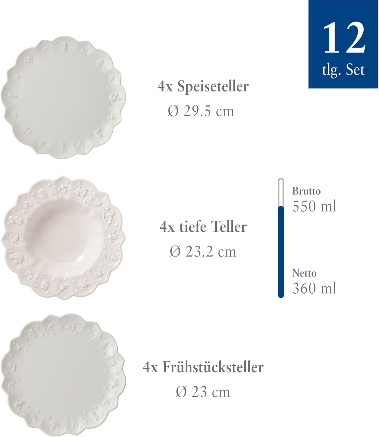 Villeroy & Boch Toy's Delight Royal Classic 12-częściowy zestaw naczyń obiadowych, można myć w zmywarce i używać w kuchence mikrofalowej, biały, talerze, zestaw naczyń obiadowych dla 4 osób, zastawa bożonarodzeniowa, zabawki, porcelana premium