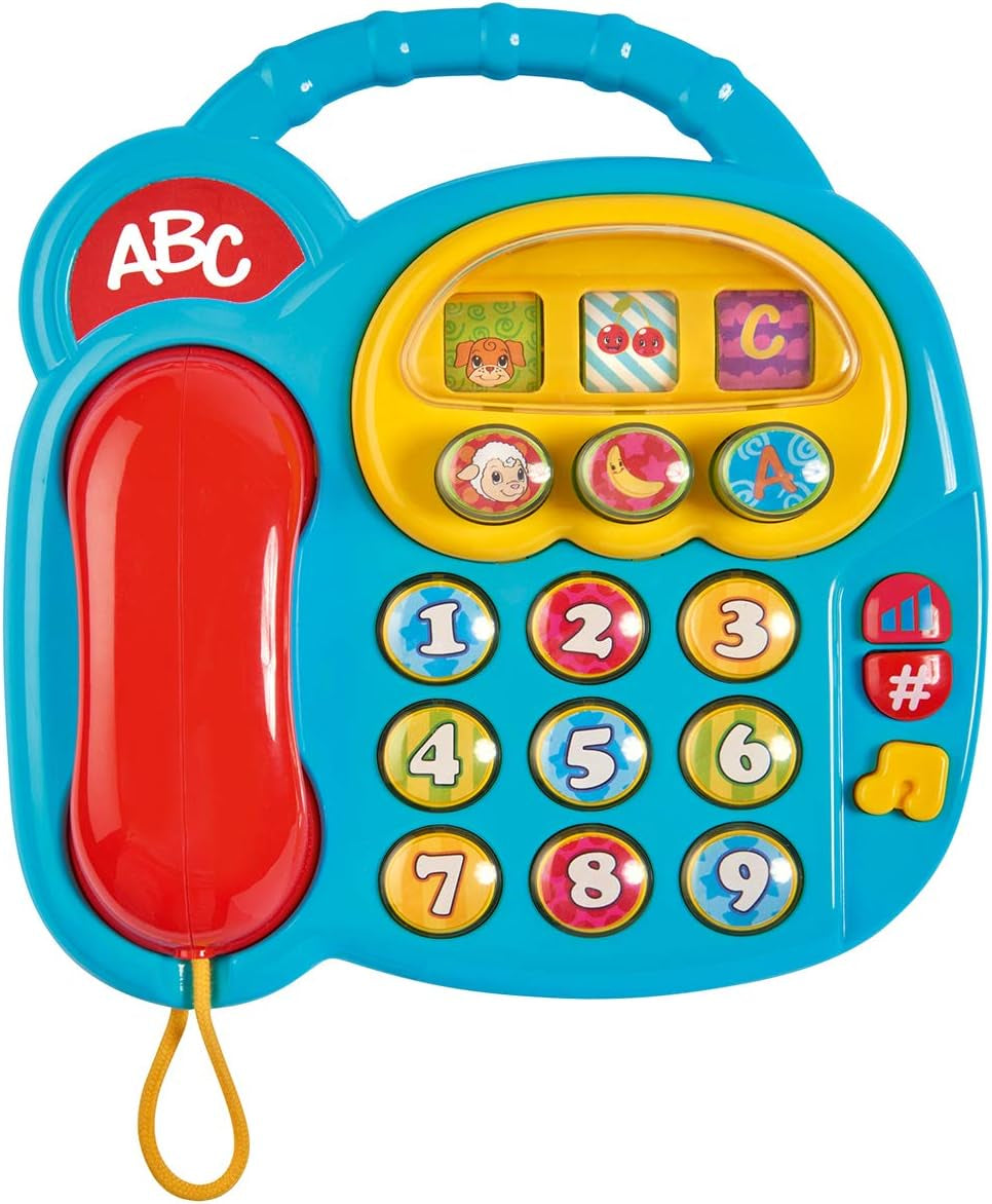 Simba 104010016 - Kolorowy telefon ABC, zabawka dla dziecka, obrotowy wyświetlacz obrazu, piosenka, telefon do odtwarzania, uczący się telefon, z różnymi dźwiękami, 20cm, zdolności motoryczne, dla małych dzieci, od 6 miesiąca zabawek dla dzieci Naty Shop
