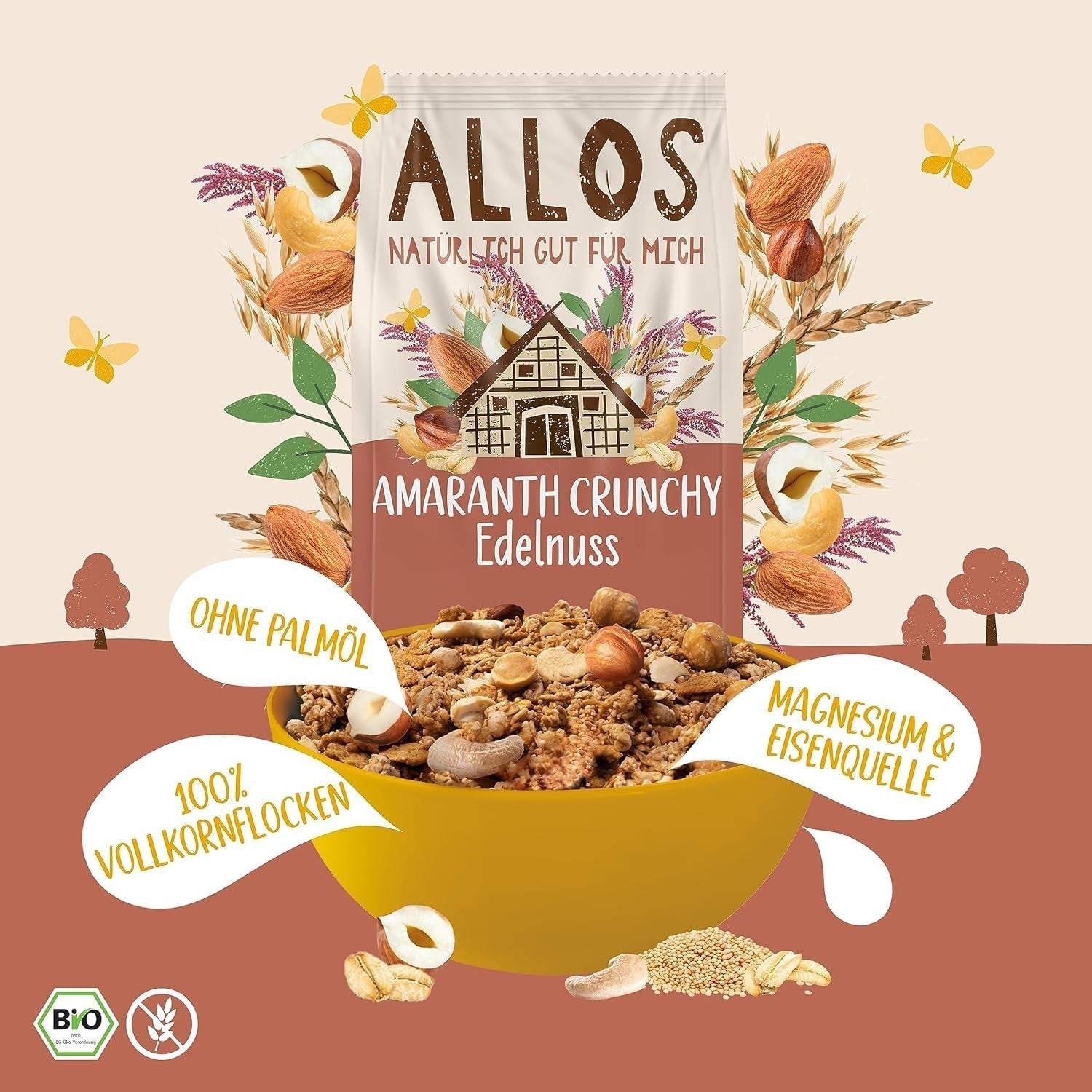 Premium chrupiące musli z orzechami włoskimi i amarantusem Allos | Organiczne musli | Musli z orzechami | Płatki owsiane | Płatki śniadaniowe | wegańskie | Opakowanie 6 sztuk (6 x 400g)