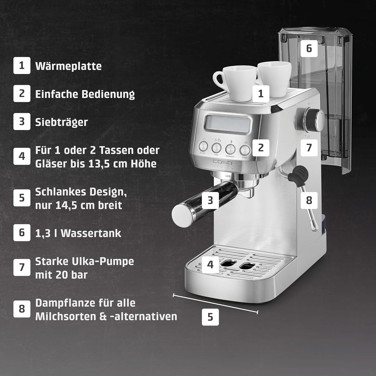 CASO EspressoGourmet Crema - Ekspres z kolbą ze spieniaczem do mleka, espresso, cappuccino, kolba ze stali nierdzewnej, pompa ULKA 20 bar, ekspres do kawy, kawa mielona, ​​kapsułki ESE