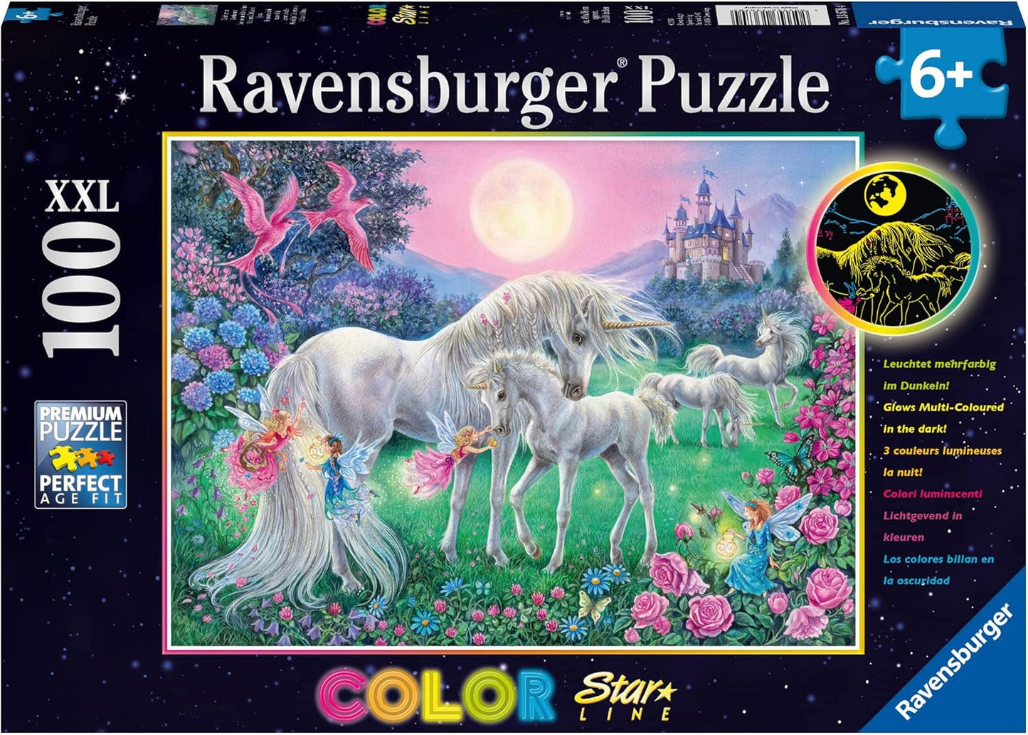 Puzzle Ravensburger dla dzieci - 13670 Jednorożce w świetle księżyca - Świecące jednorożce Puzzle dla dzieci 6+ 100 elementów, rozmiar XXL, świecą w ciemności Puzzle Naty Shop Jednorożce w świetle księżyca