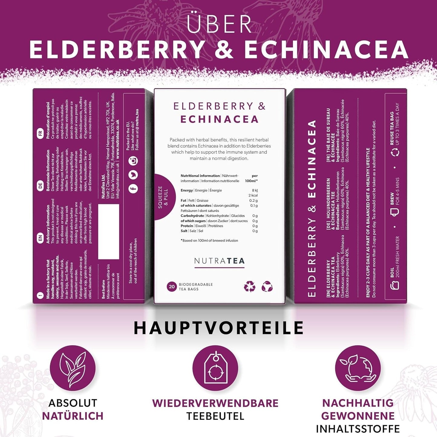 Nutra Tea Herbata z czarnego bzu i echinacei, Herbata na odporność i przeziębienie, Herbata wspomagająca odporność, Walka z przeziębieniem, 20 torebek na herbatę wielokrotnego użytku, Naturalna herbata ziołowa