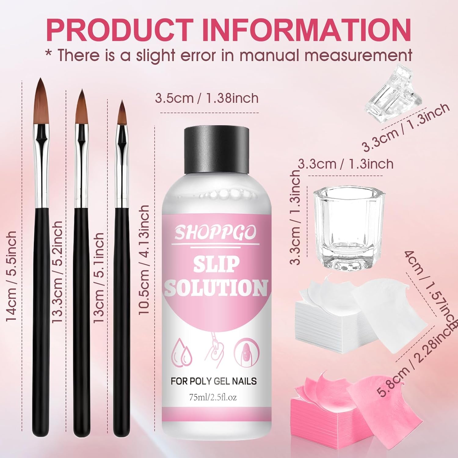 Roztwór do prostowania Polygel, zestaw do paznokci Polygel Slip Solution, roztwór do prostowania 75 ml, zawiera 5 klipsów na końcówki paznokci, 3 szczoteczki do paznokci, 1 kryształowy kubek, 100 arkuszy czyszczących