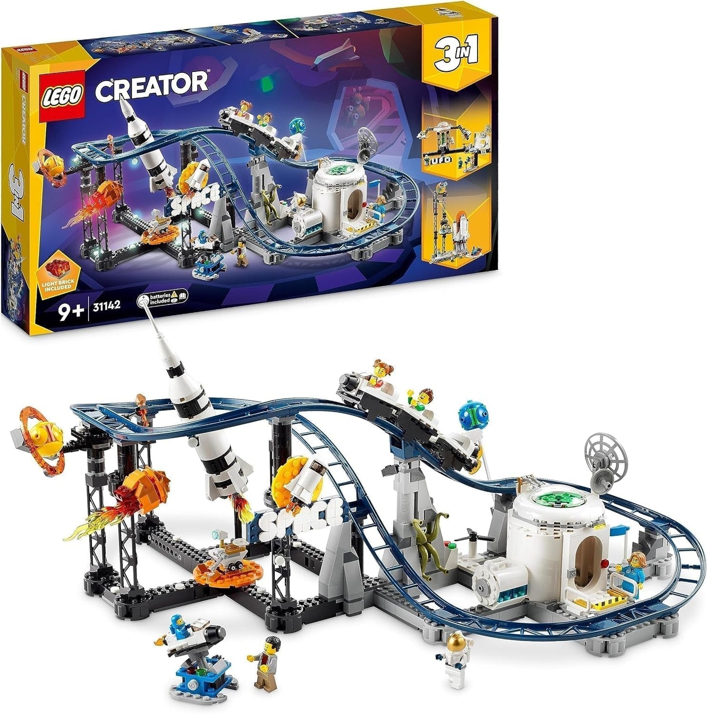 LEGO 31142 Creator Kosmiczna kolejka górska 3 w 1 dla małych dzieci z funkcjonalnymi wózkami, którą można przekształcić w wieżę swobodnego spadania lub karuzelę z rakietami i świecącymi klockami. Zestawy konstrukcyjne Besuche den LEGO-Store Single