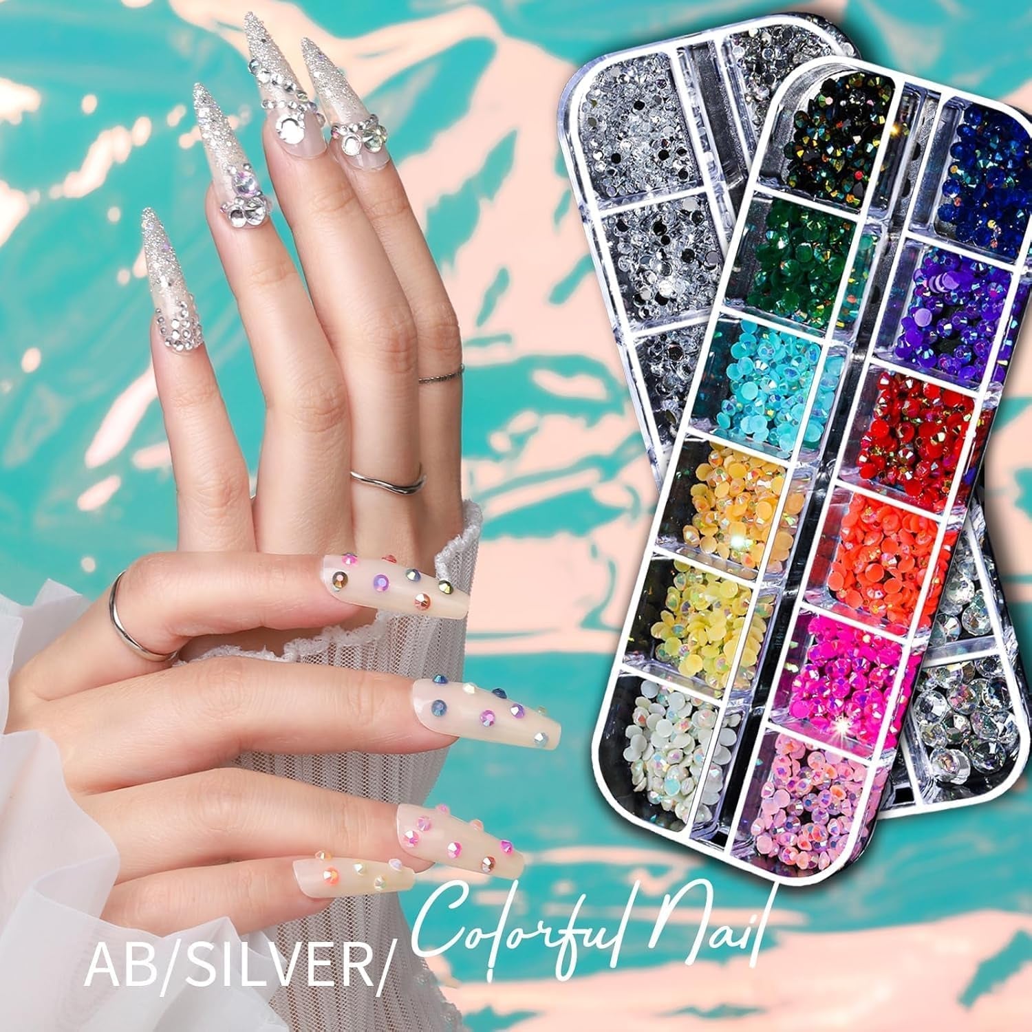 Charms do paznokci, 6 Boxen Gold Silber Nagel Charms 3D Gold Bogen Stern Nail Art Dekoration + 6200 Strasssteine ​​​​Bunt Steine ​​AB Perlen Diamanten, 3D Legierung Bow Nail Gems Nagel Deko Für Frauen Nagel (6-A)