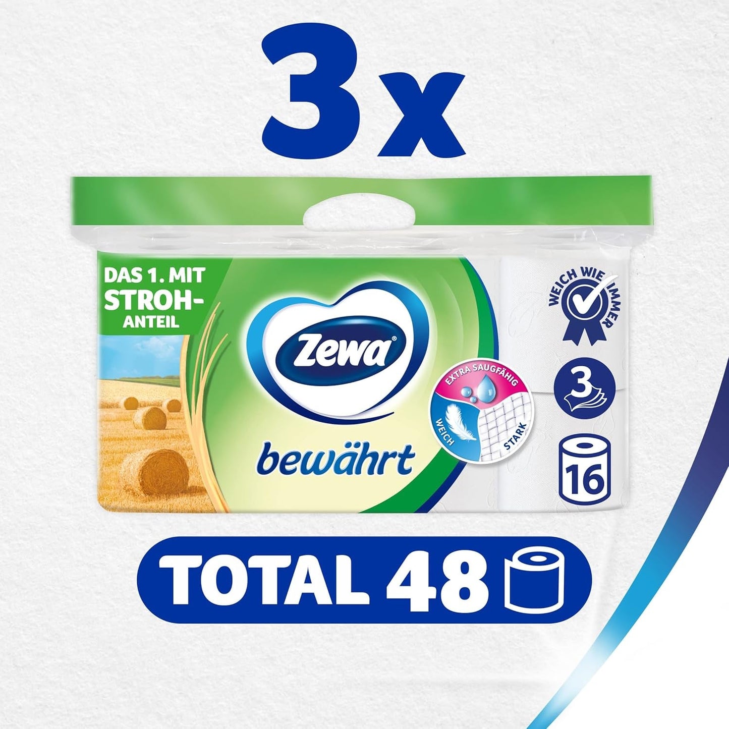 Zewa Proven - 48 rolek - Pierwszy papier toaletowy z zawartością słomy - 3 warstwy