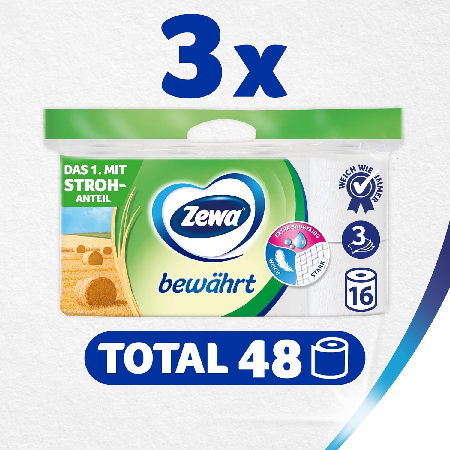 Zewa Proven - 48 rolek - Pierwszy papier toaletowy z zawartością słomy - 3 warstwy