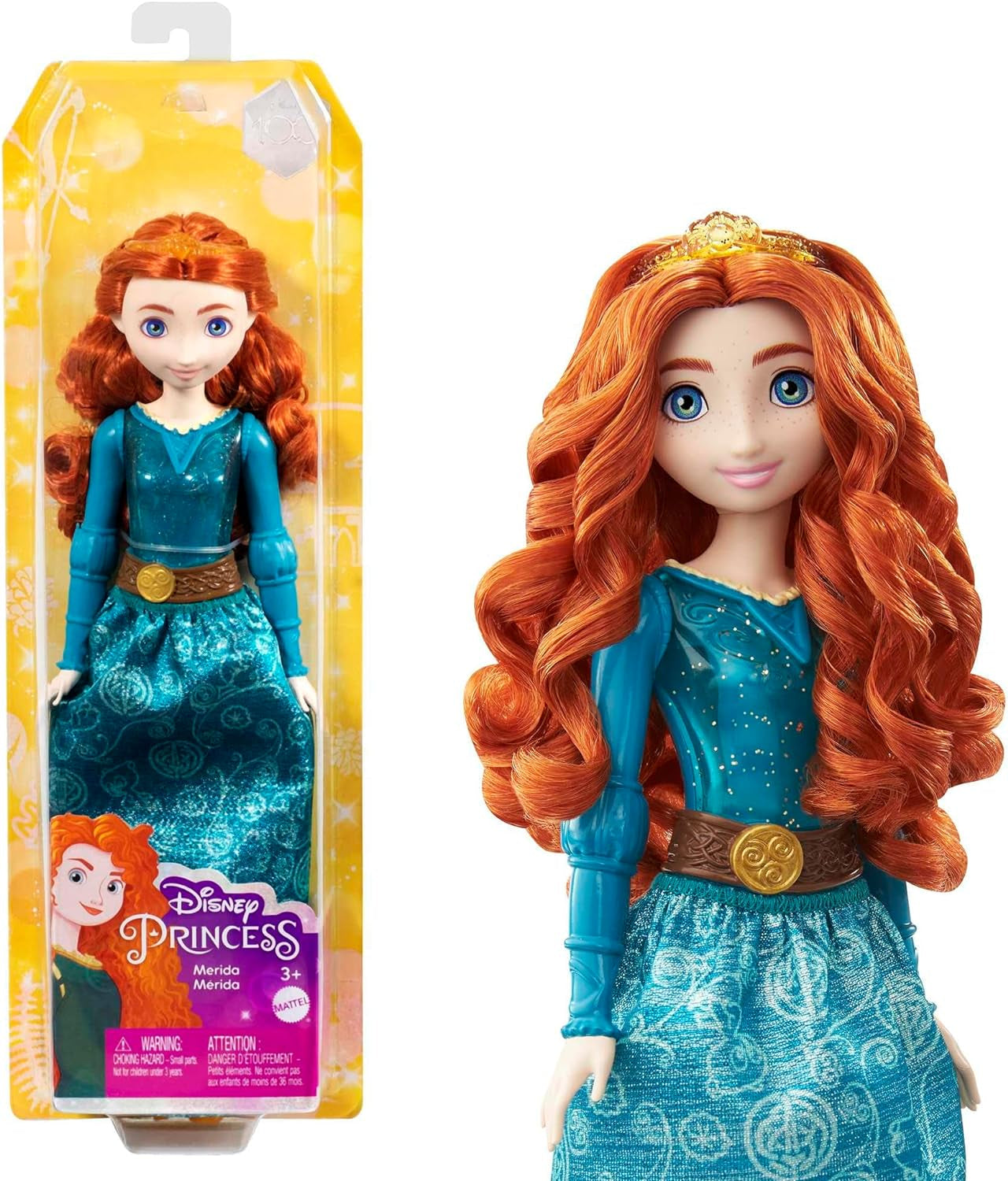 Mattel DISNEY Princess Aurora - lalka w typowym stroju, odpinane buty i tiara, błyszczący top i odpinana wzorzysta spódnica, długie włosy do układania, HLW09 Naty Shop Merida Dolls