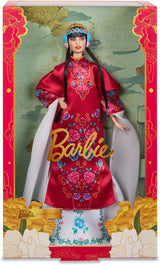BARBIE Księżycowy Nowy Rok Barbie Puppe - Traditionelles Kleid in glücksbringendem Rot mit Pfingstrosenmuster, cyanblaue Schuhe mit pinken Troddeln, inspiriert von der Peking-Oper, HRM57