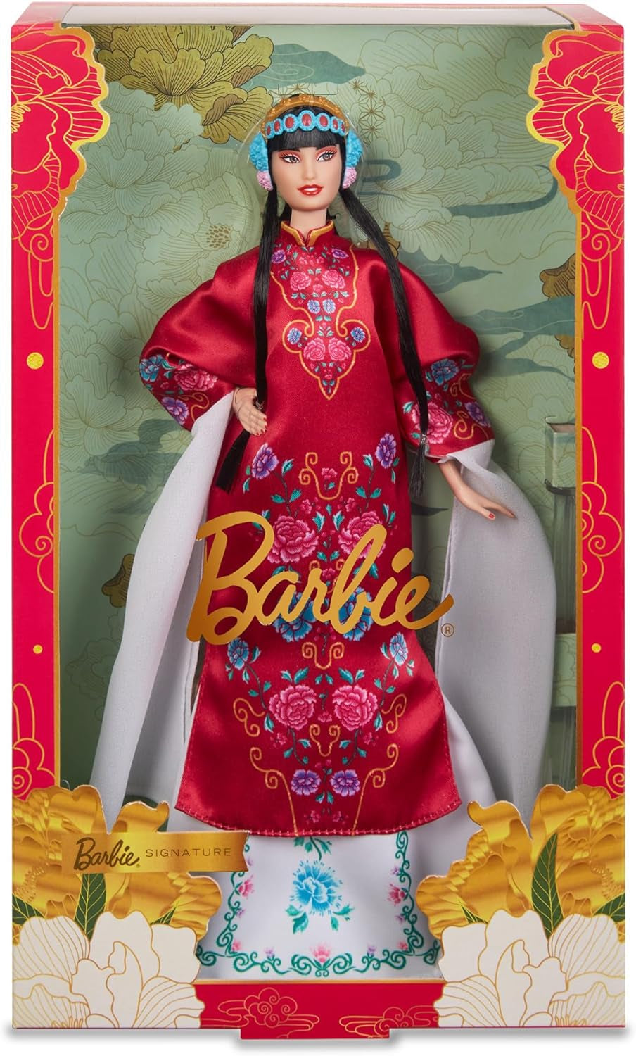 BARBIE Księżycowy Nowy Rok Barbie Puppe - Traditionelles Kleid in glücksbringendem Rot mit Pfingstrosenmuster, cyanblaue Schuhe mit pinken Troddeln, inspiriert von der Peking-Oper, HRM57