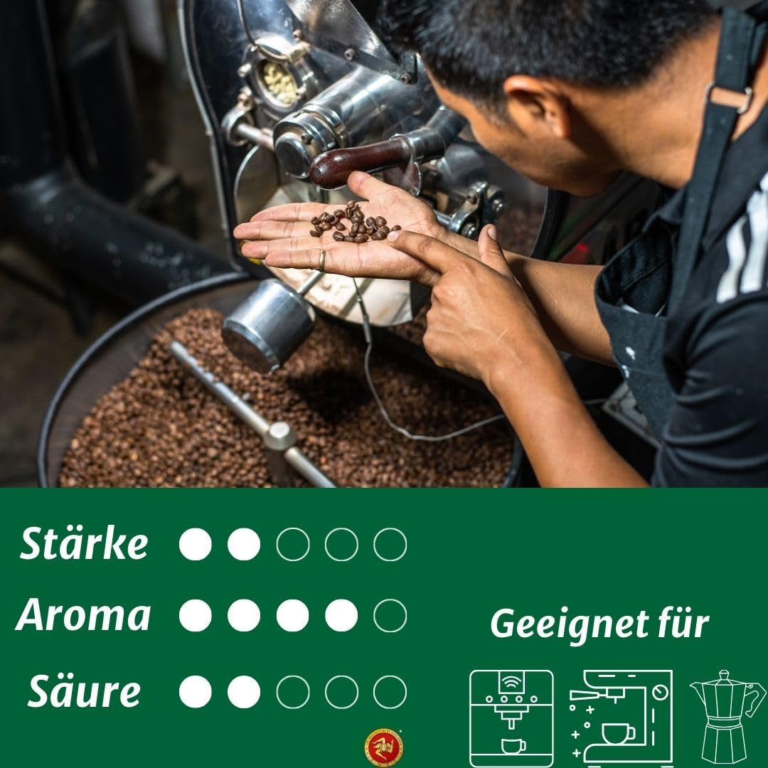 Caffè Crema - Kawa ziarnista palona na Sycylii - Tradycyjny długi proces palenia z doskonałą pianką, worek 250 g, wyjątkowo niska kwasowość do w pełni automatycznych maszyn i kolby