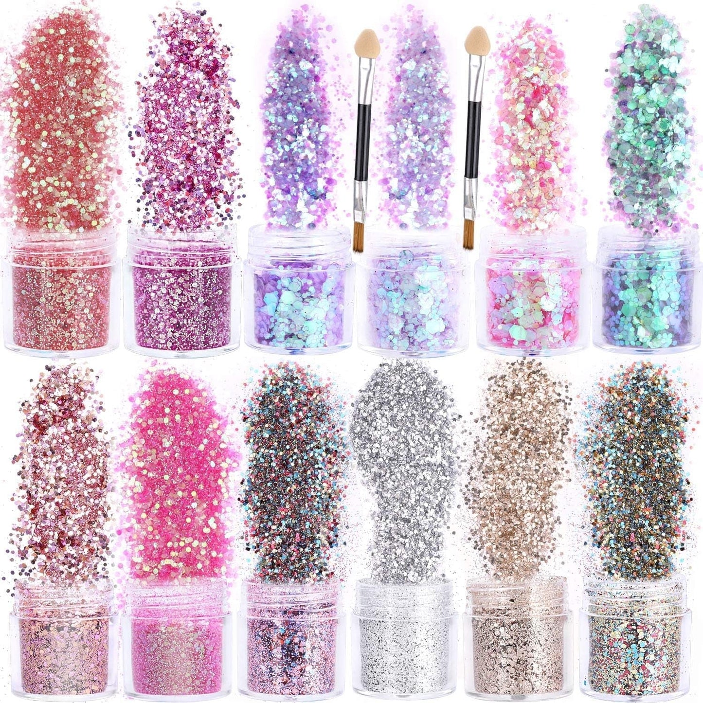 HOWAF 12 pudełek Brokat do paznokci Twarz Szczotka do ciała Brokat Makijaż Brokat do paznokci Oko Wargi Włosy Dekoracja ciała Halloween Boże Narodzenie Festiwal Masquerade Akcesoria do makijażu