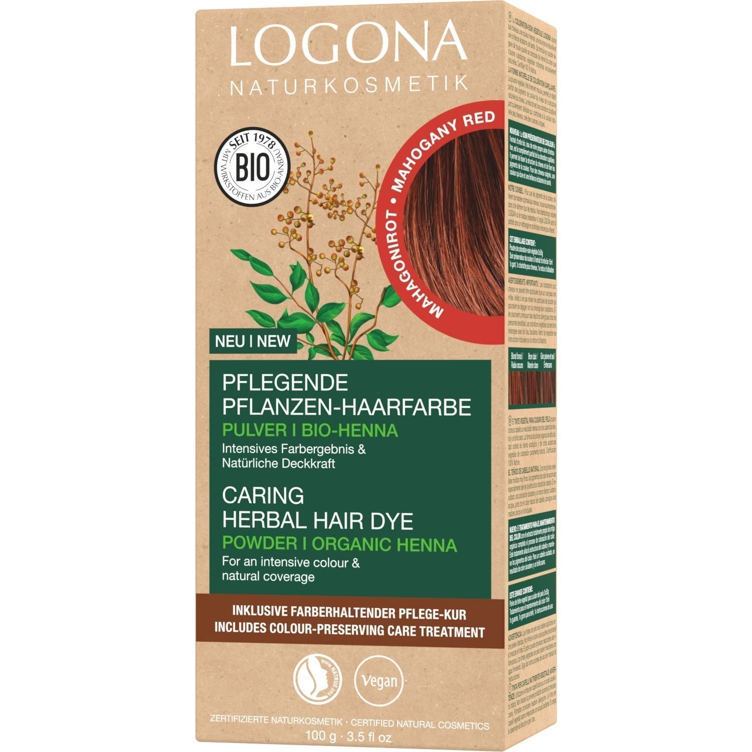 LOGONA Natural Cosmetics Ziołowa odżywcza farba do włosów, organiczna henna w proszku Wegańska farba do włosów dla intensywnego koloru i połysku, ziołowa farba do włosów w kolorze Miedziany Blond (Blond), 1 x 100g Naty Shop Mahoniowa czerwień farba do włosów 100G (1 opakowanie)