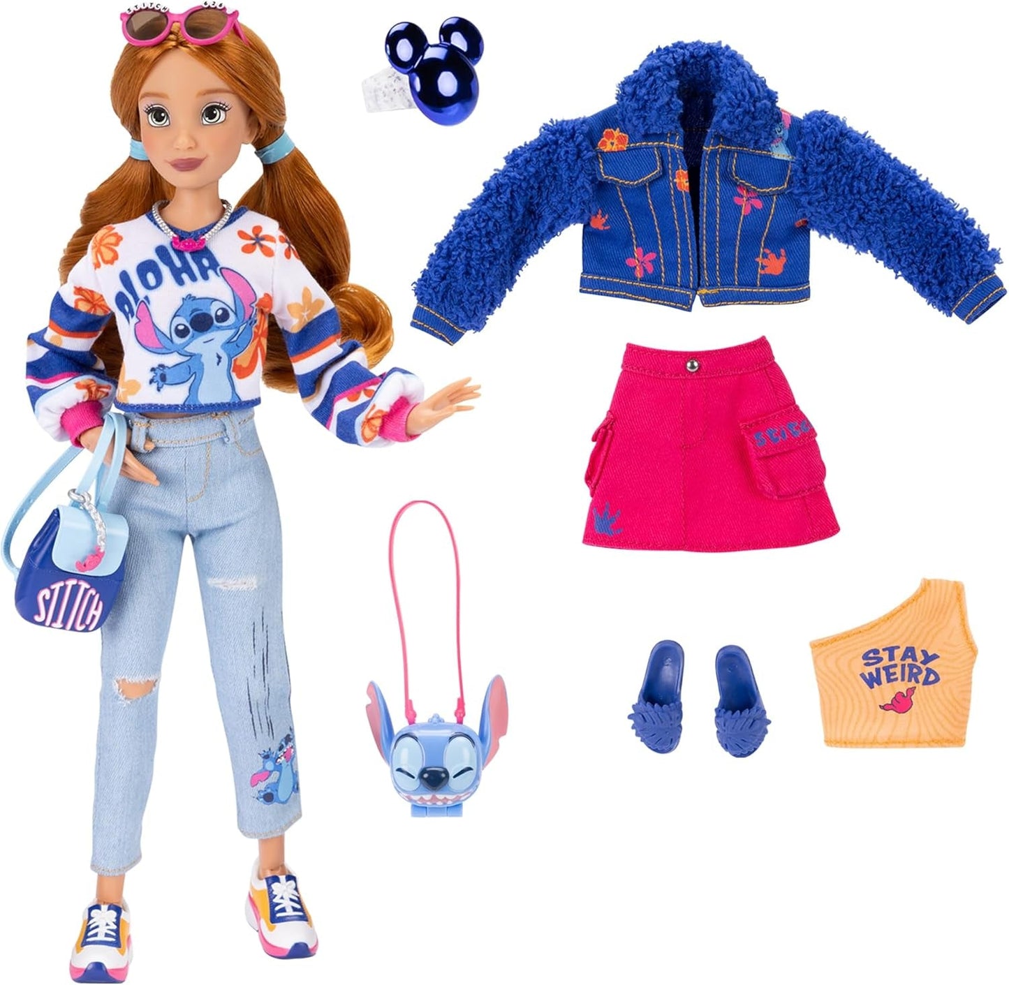 Modne lalki Disney ILY 4EVER Stitch z rudymi włosami, wysokością 29 cm, 13 punktami artykulacji, dwoma kompletnymi strojami do łączenia i dopasowywania oraz błyszczącym pierścionkiem Mickey dla Ciebie!