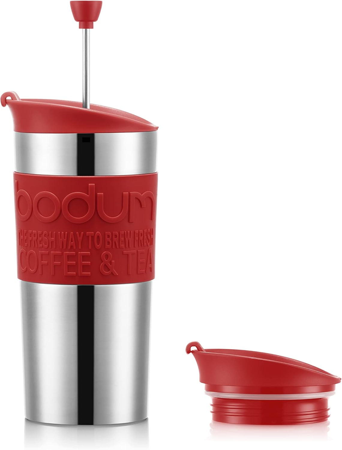 Kubek termiczny Bodum K11067-04 TRAVEL PRESS SET, dwuścienny, stal nierdzewna, dodatkowa pokrywka, 0,35 l, czerwony