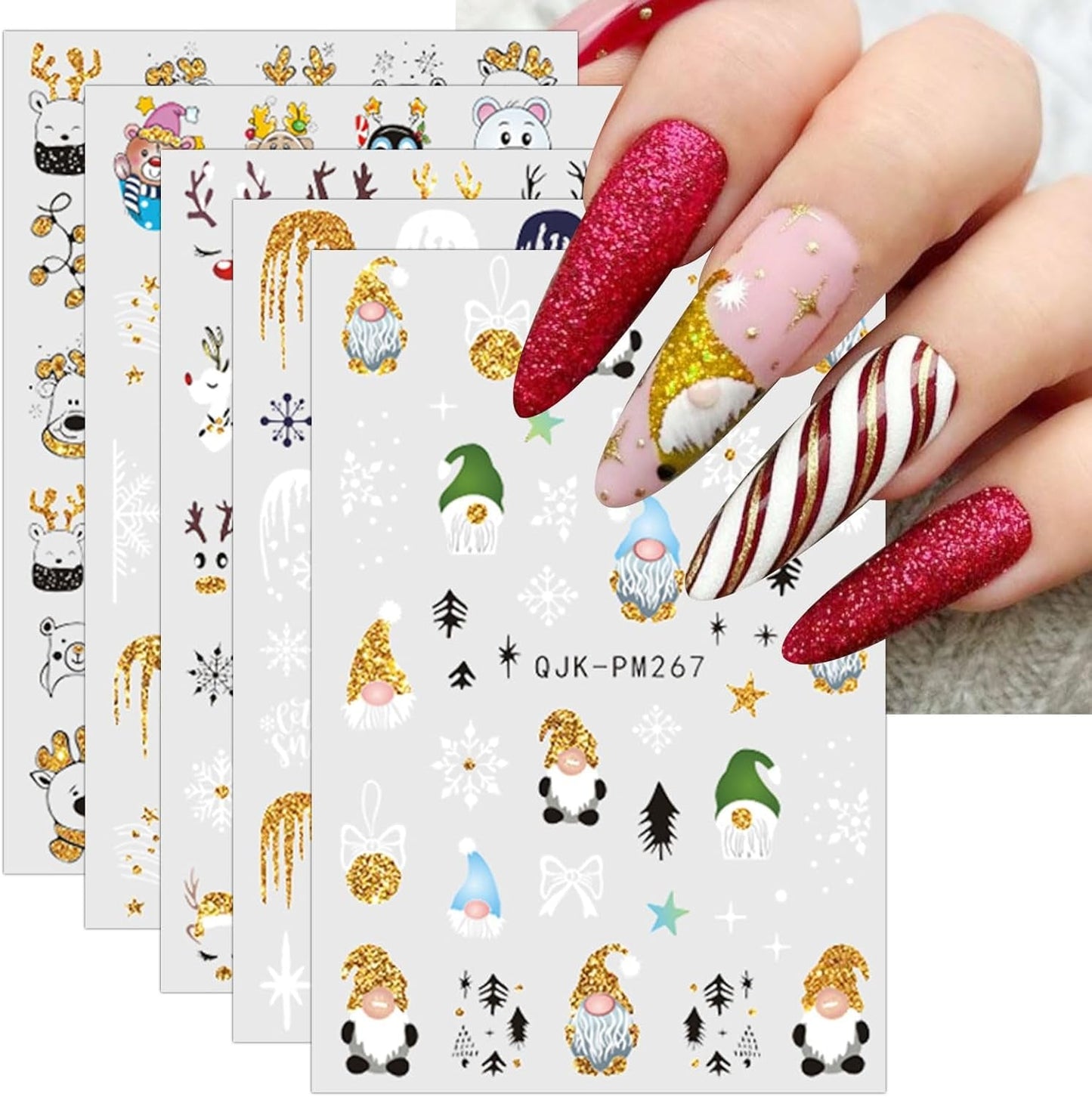 JMEOWIO Nagelsticker Weihnachten 10 Blatt Nail Art Naklejka Selbstklebend Nagelaufkleber Glitter Schneeflocke Xmas Winter Urlaub Gold Dekoration Nageldesign Zubehör