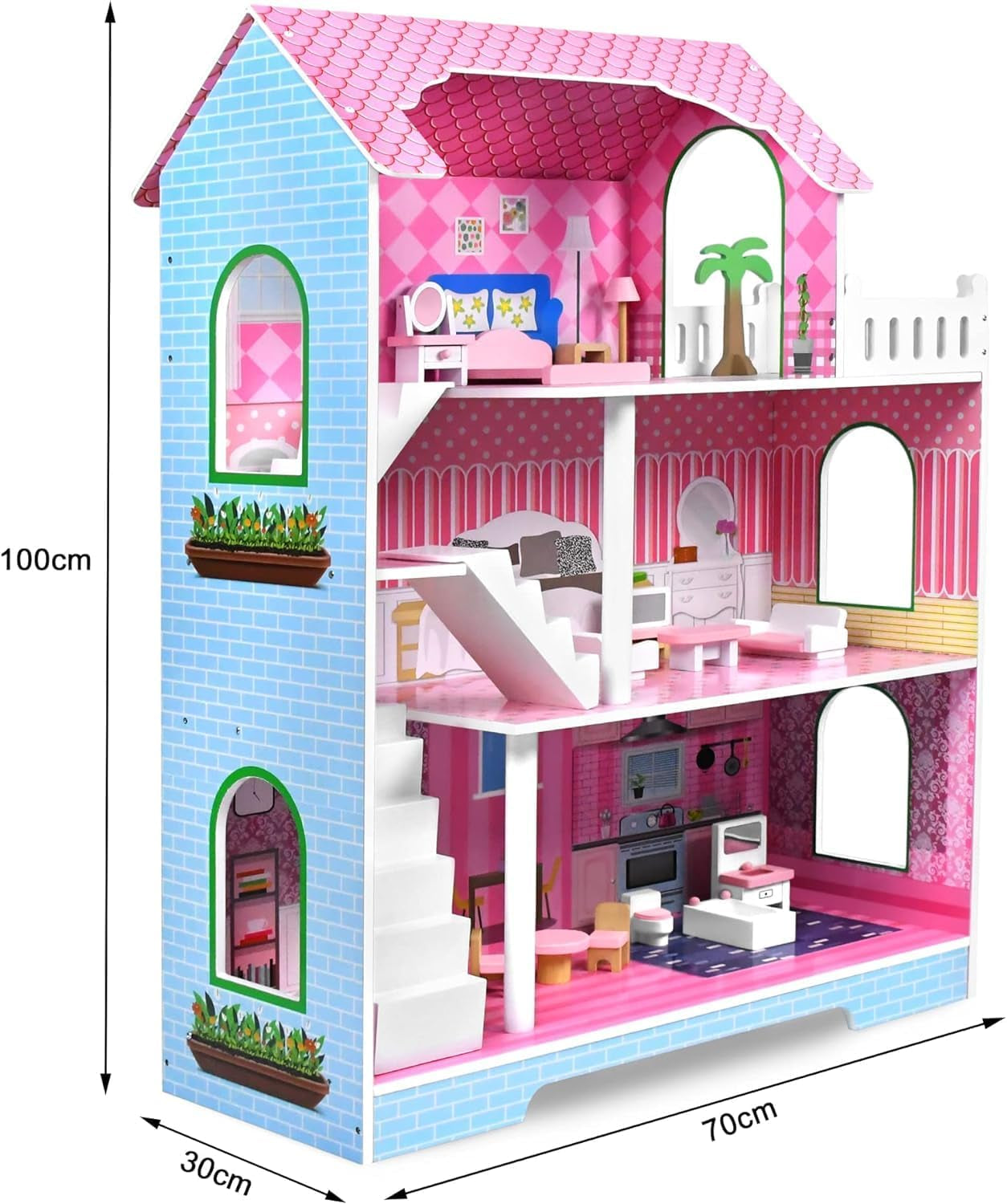 HENGMEI Puppenhaus Kinder Holz Puppenvilla Zestaw domków dla lalek Mädchen Spielset 3 Etagen Haus mit Möbeln und Zubehör, 70x30x100cm Puppenhäuser für Kinder (typ B)