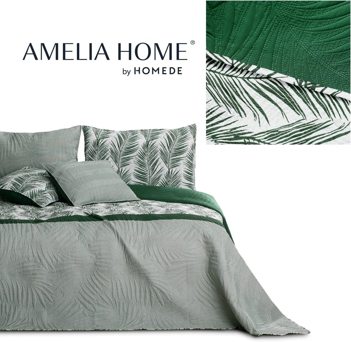 Ameliahome Narzuta Narzuta 170X210 cm Dwustronna, łatwa w pielęgnacji narzuta na łóżko Wzór roślinny Zielony Biały Tropikalny Bonaire Łóżka i koce Besuche den AmeliaHome-Store