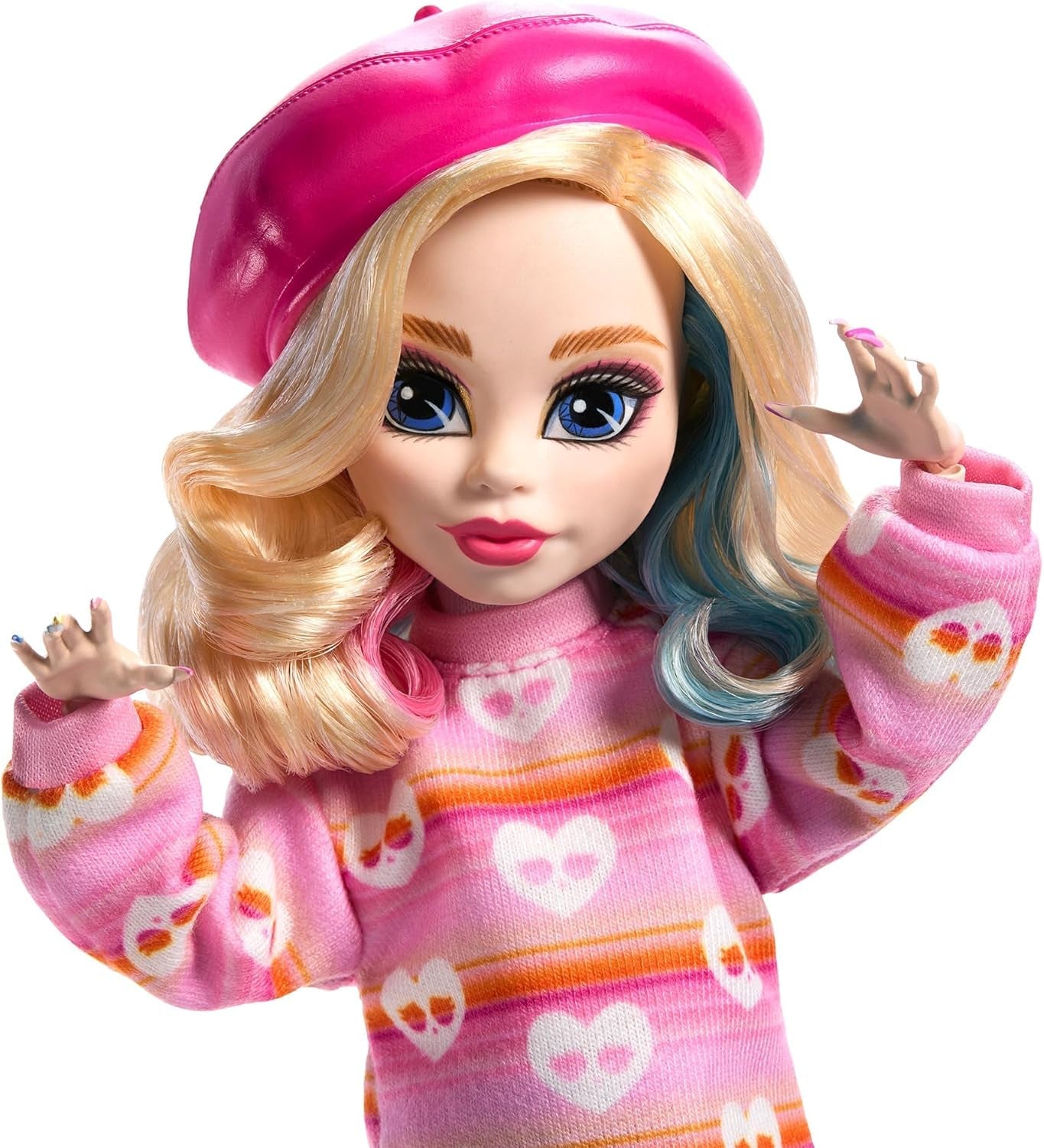 Lalka Monster High Wednesday i akcesoria Różowa figurka kolekcjonerska Enid Sinclair z beretem i stojakiem na plecak dla lalek HXJ05