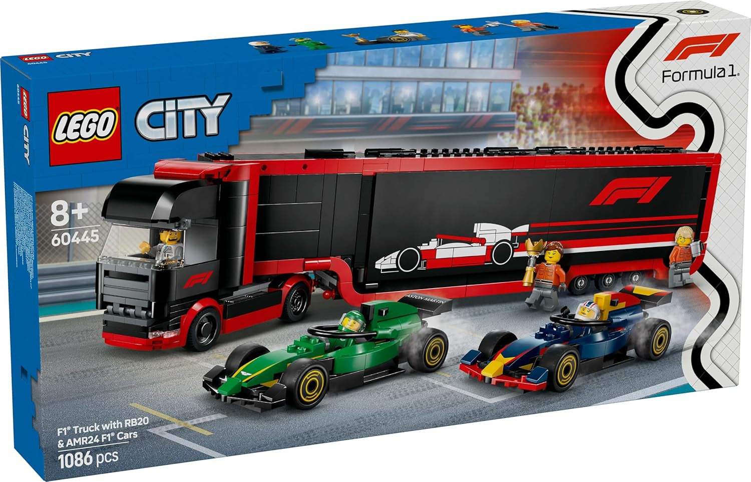 LEGO City Transporter F1 z samochodami wyścigowymi RB20 i AMR24 F1 - Zabawkowy transporter samochodów dla zespołów Formuły 1 Red Bull i Aston Martin - Zawiera. 5 minifigurek — prezent dla chłopców i dziewcząt w wieku od 8 lat 60445 Zestawy konstrukcyjne Besuche den LEGO-Store