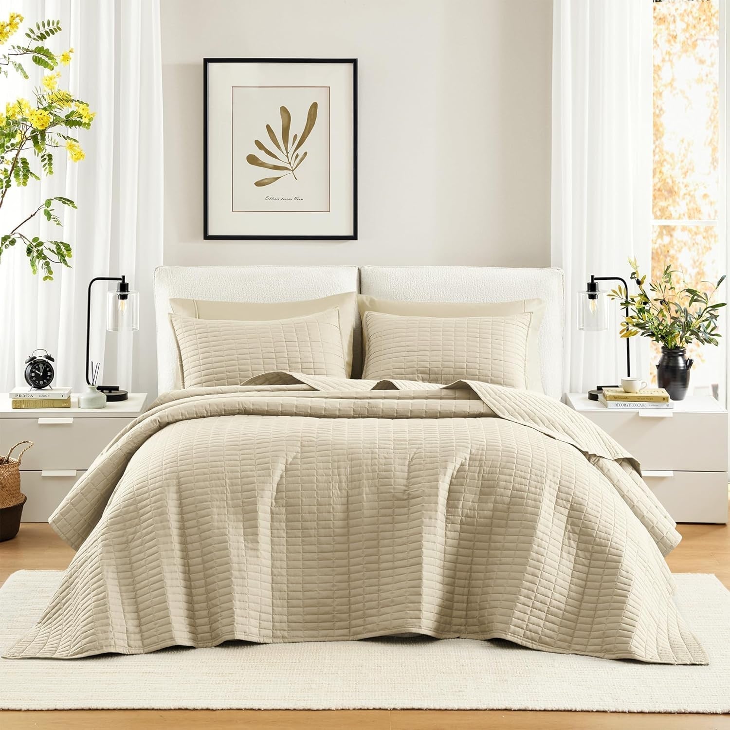 Zestaw kołder Comfort Spaces Kienna, luksusowy letni koc z podwójnym ściegiem, lekka, miękka, całoroczna pościel, dopasowana poszewka na poduszkę, biały, koc na łóżko king size (264,2 x 228,6 cm), kołdry i kołdry Naty Shop w kolorze kości słoniowej, duży rozmiar