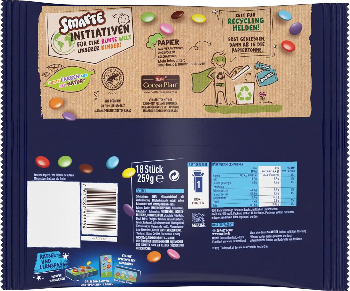 Woreczki Nestlé SMARTIES Mini XXL, soczewica w kolorze czekolady, idealne do dzielenia się i zabawy z rodziną i przyjaciółmi, naturalne kolory, opakowanie nadające się do recyklingu, opakowanie 2 szt. (1 x 259 g)