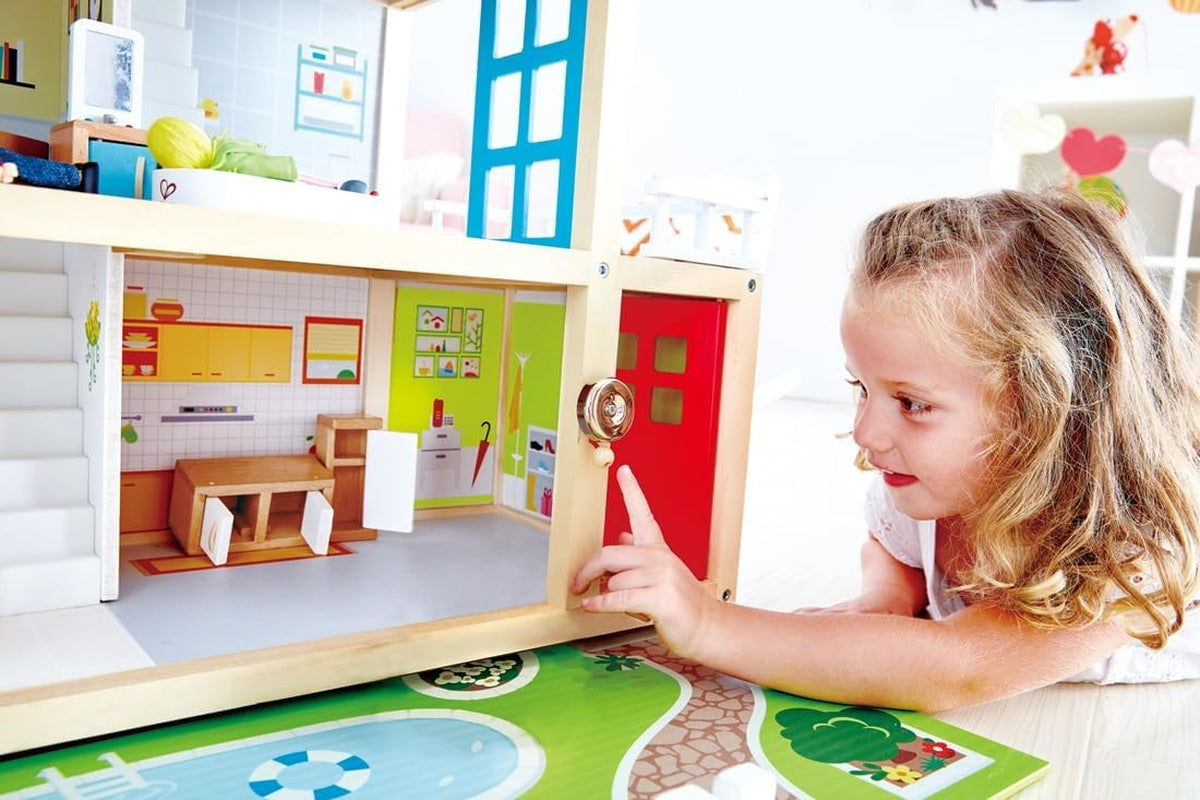 Willa dla lalek Hape 10-pokojowy drewniany domek dla lalek Kreatywne odgrywanie ról z meblami i akcesoriami Zabawka edukacyjna dla dzieci w wieku od 3 lat