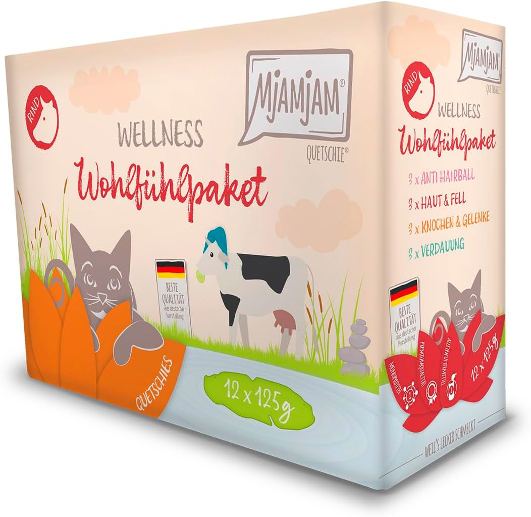 MjAMjAM - Mokra karma dla kotów Premium - Wellness Pack Wołowina, opakowanie 12 sztuk (12 x 125 g), bez zbóż, z dodatkowym mięsem
