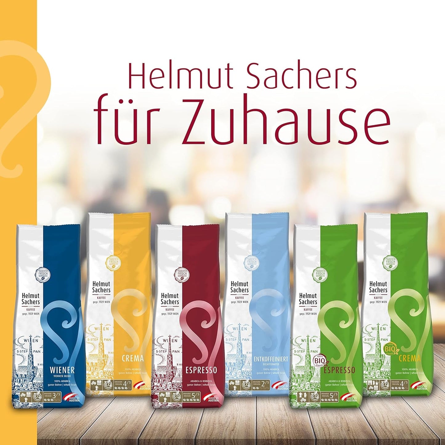 Kawa Helmut Sachers - Śmietanka, moc 4/5, 100% Arabica, całe ziarna kawy, 6 x 500g
