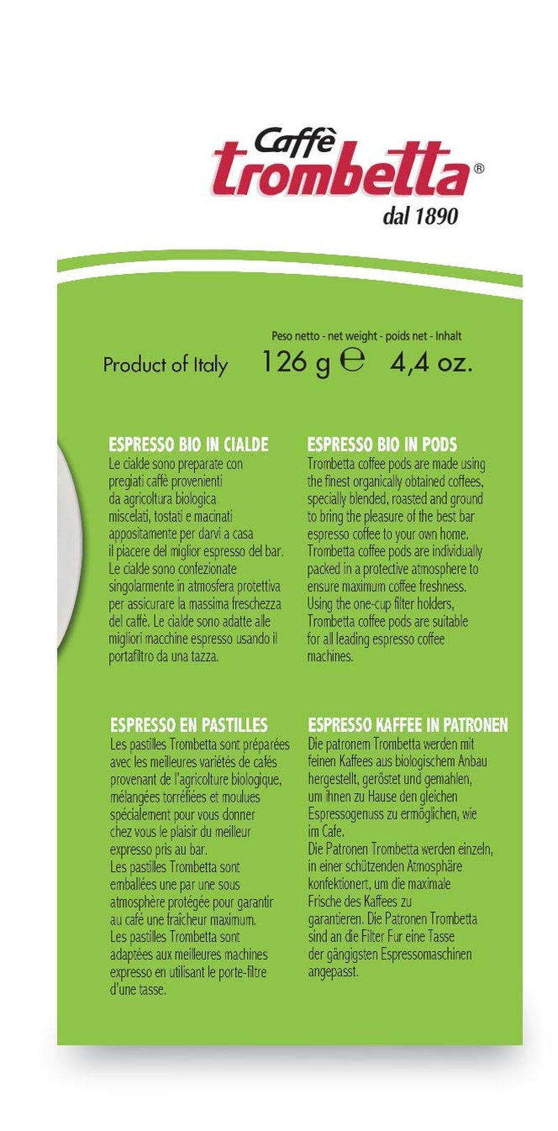 Caffè Trombetta ESE Kaffeepads, Italien Kaffee, Richhaltiges Aroma und samtiger Gesmack Biologisch - 1 opakowanie zu je 18 Kaffeepads