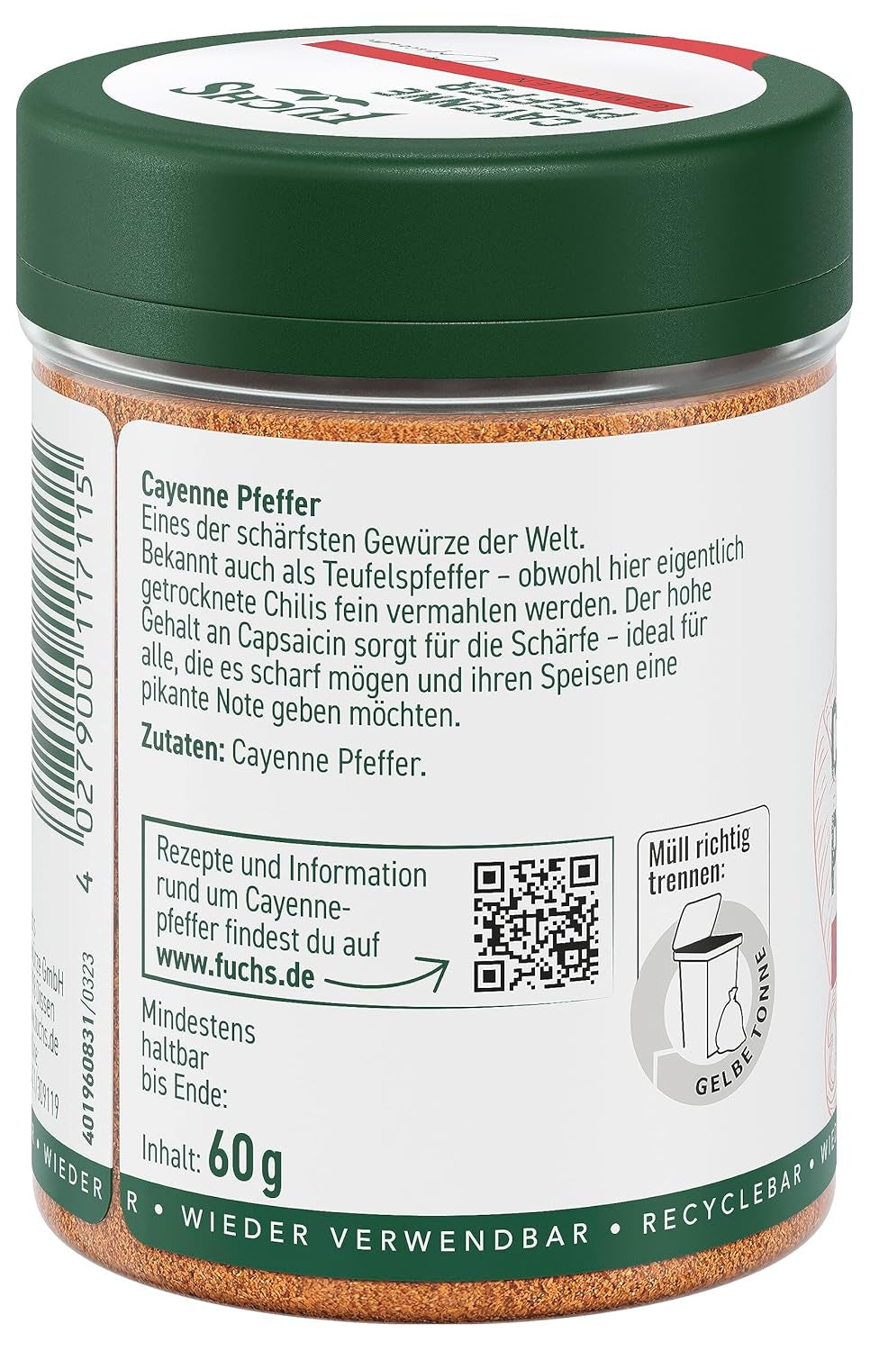 Fuchs Gewürze - Pieprz cayenne gemahlen - do einen scharfen Geschmack we wszelkiego rodzaju potrawach - naturalne składniki - 60 g w wiederverwendbarer, recyclebarer Dawka