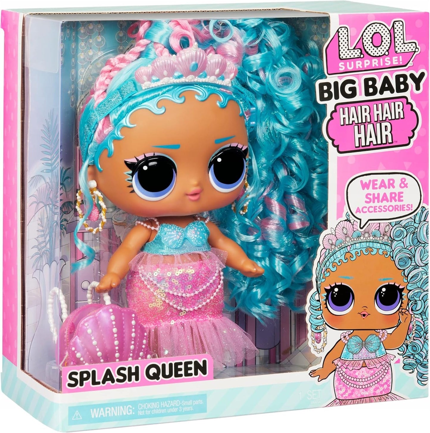 KUPA ŚMIECHU. Niespodzianka! Big Baby Hair Hair Hair – SPLASH QUEEN – 27,94 cm große Puppe mit 14 Überraschungen, Accessoires zum Teilen und echten Haaren – Für Kinder und Sammler ab 4 Jahren
