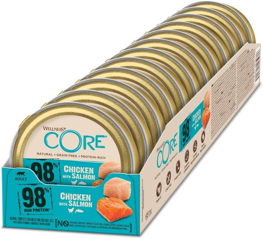 Wellness CORE 98% 12 x 85g, Kurczak i Łosoś - Mokra karma dla kotów, gęsty pasztet, bez zbóż, naturalna, hipoalergiczna, bogata w białko, bogata w mięso