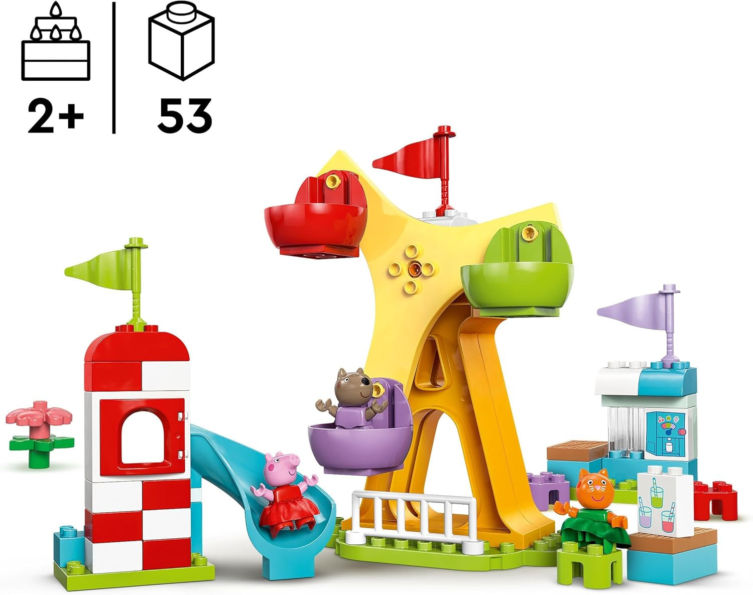 LEGO DUPLO Jarmark Peppa Wutza — Zabawki dla dzieci i zabawki motoryczne od 2. roku życia — Gry dla przedszkolaków z dużym kołem, zjeżdżalnią i 3 figurkami, w tym Mollie Kitty i Klausi Kläff — Prezent dla dzieci 10453 Zestawy do budowania Besuche den LEGO-Store